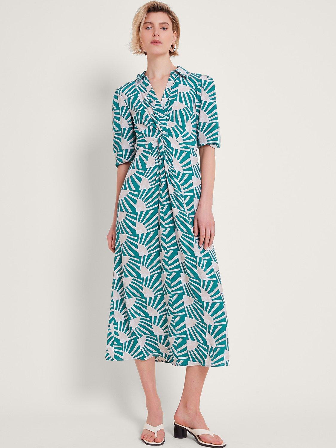Monsoon Rosana Print Midi Dress, Teal/White