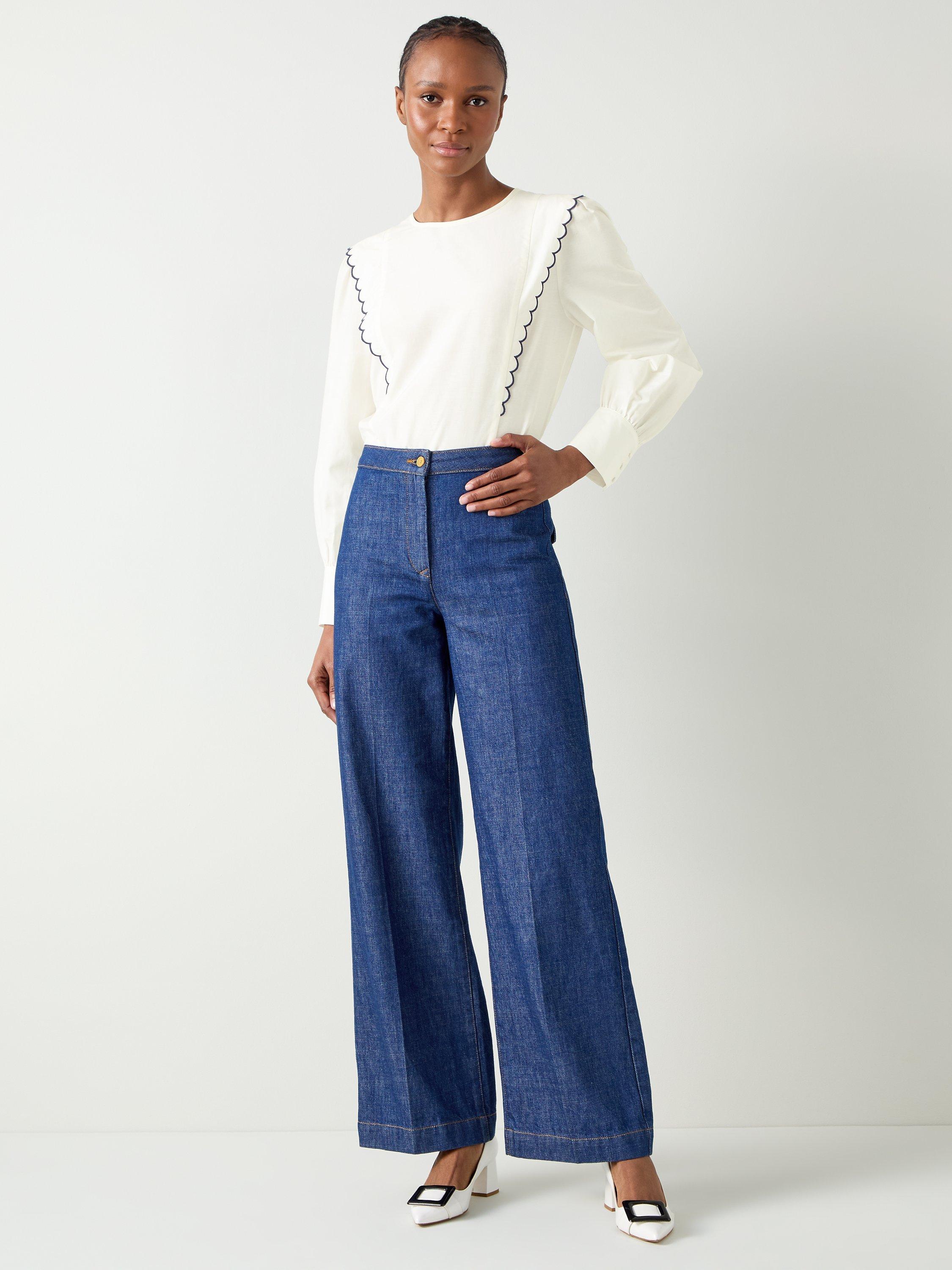 L.K.Bennett Isabella Silk Blend Scallop Detail Blouse, Ecru