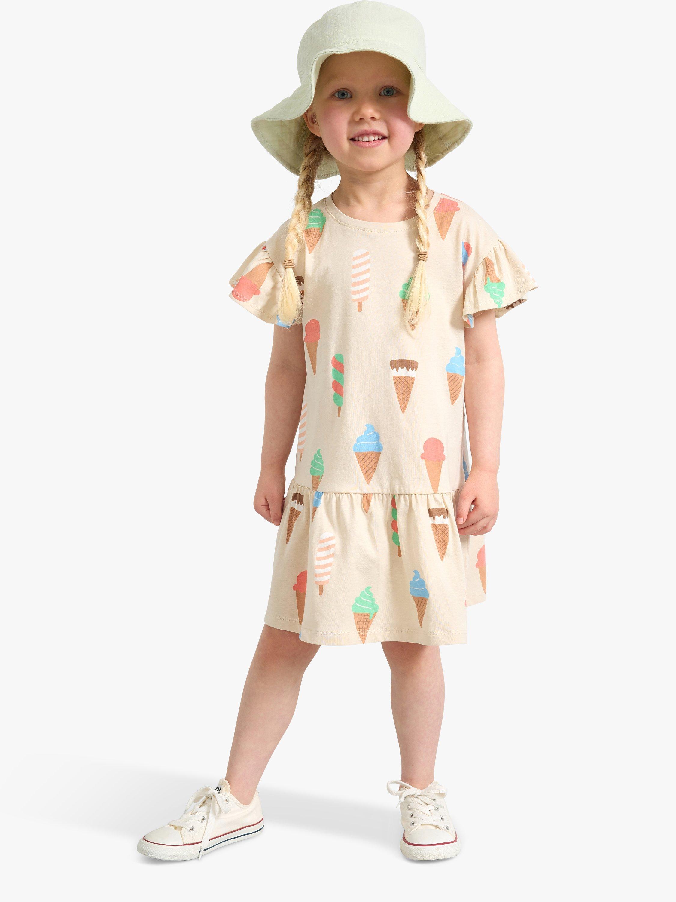 Lindex Kids' Cotton Ice Cream Print Dress, Light Beige