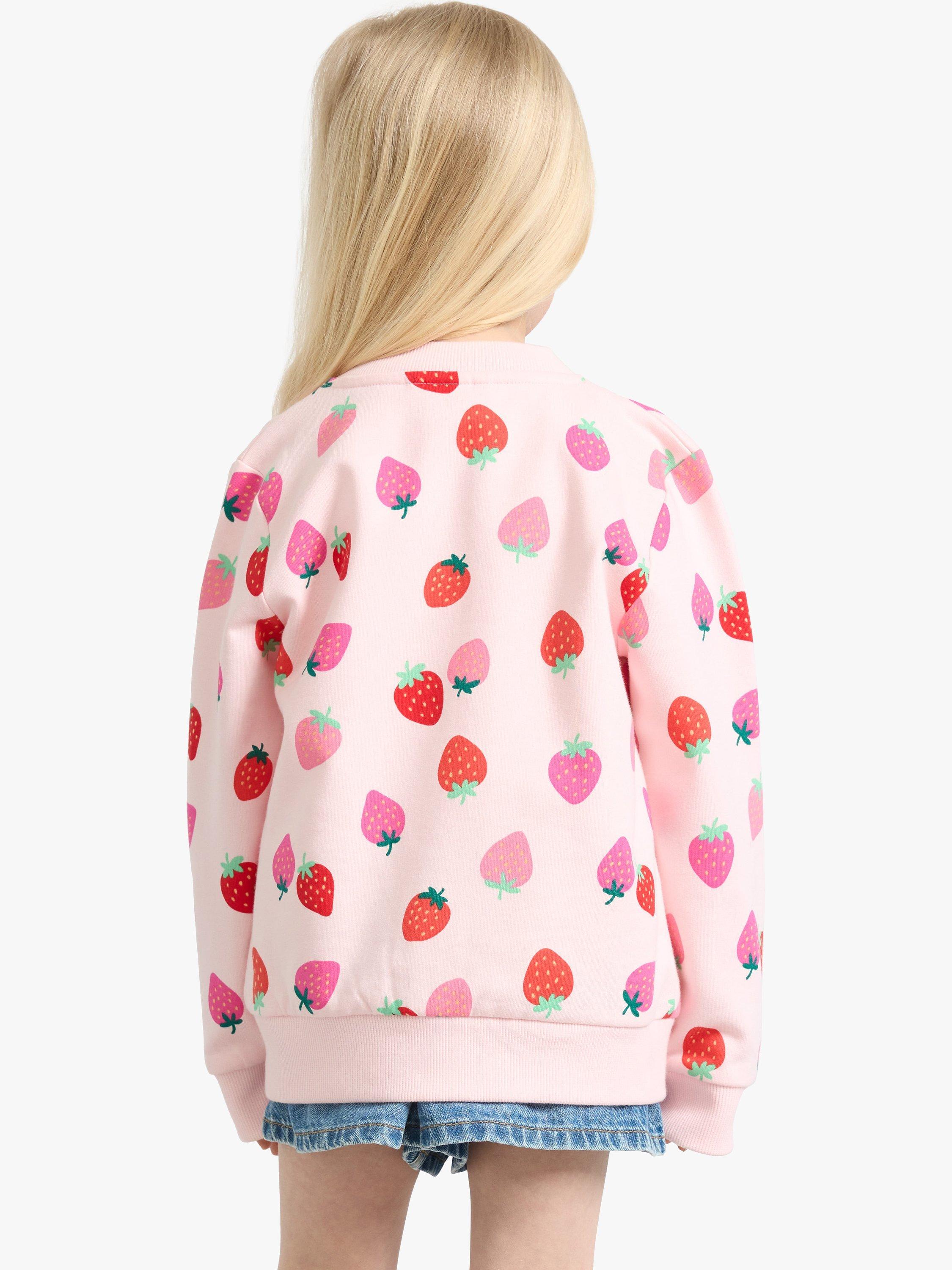 Product image 2 of 6, which shows Lindex Kids' Cotton Strawberry Print Zip Through Bomber Jacket, Light Pink, 6-8 years