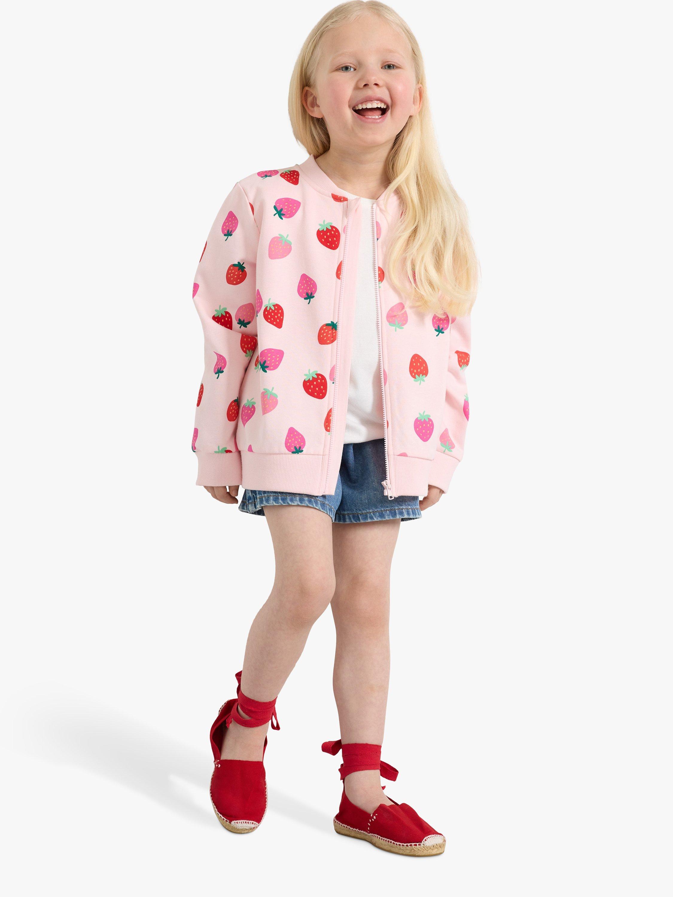 Product image 3 of 6, which shows Lindex Kids' Cotton Strawberry Print Zip Through Bomber Jacket, Light Pink, 6-8 years