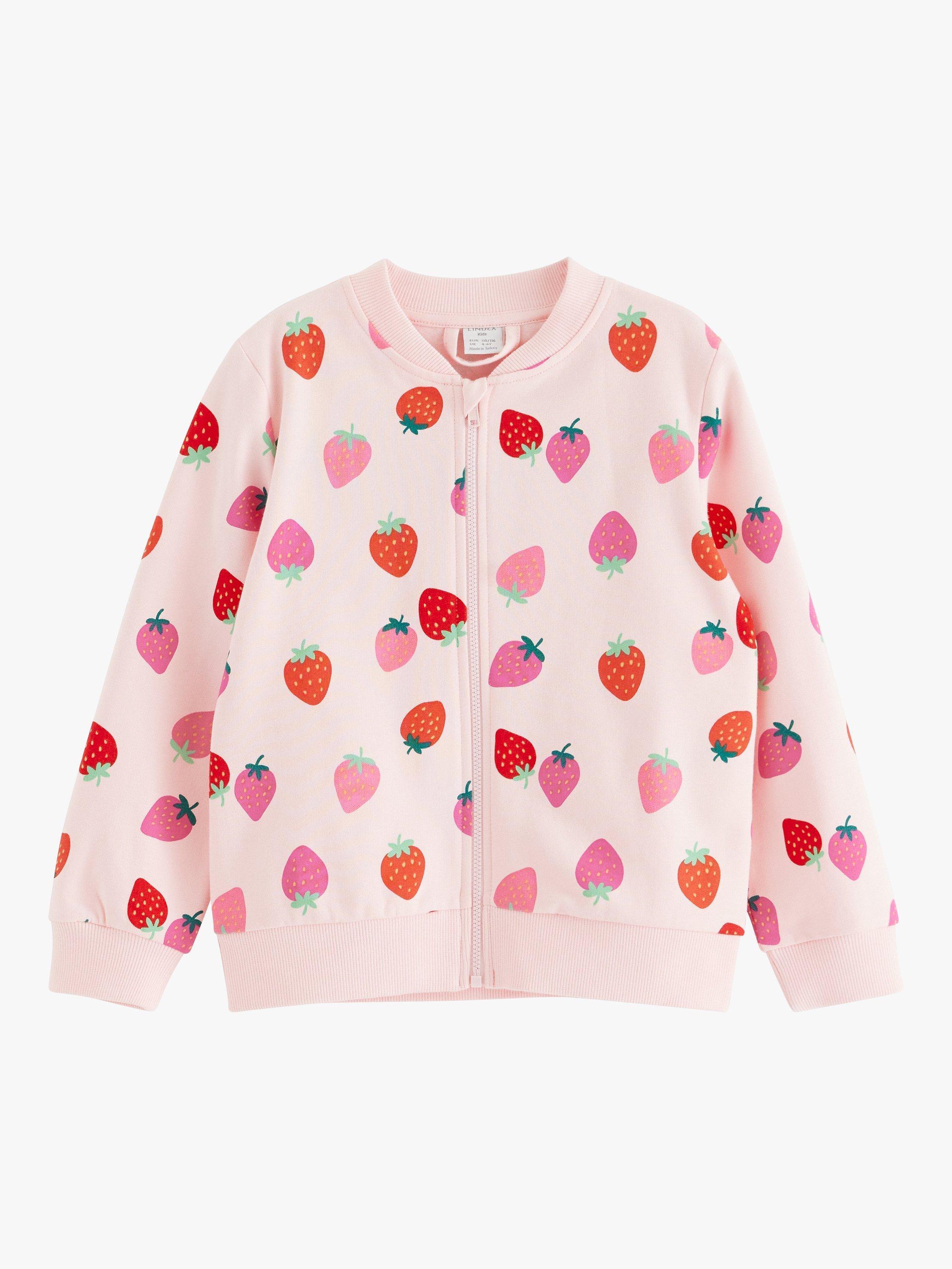 Product image 4 of 6, which shows Lindex Kids' Cotton Strawberry Print Zip Through Bomber Jacket, Light Pink, 6-8 years