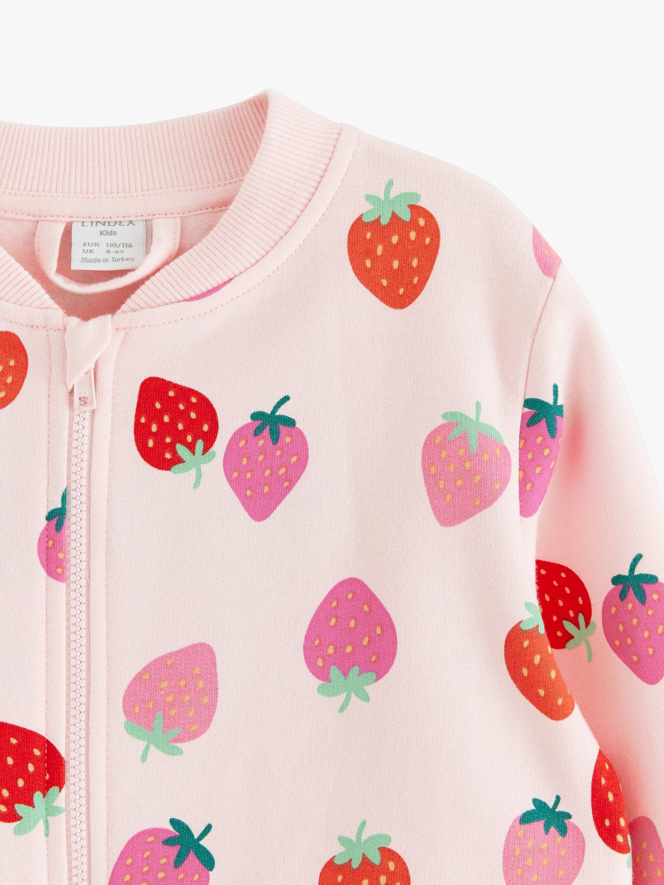 Product image 6 of 6, which shows Lindex Kids' Cotton Strawberry Print Zip Through Bomber Jacket, Light Pink, 6-8 years