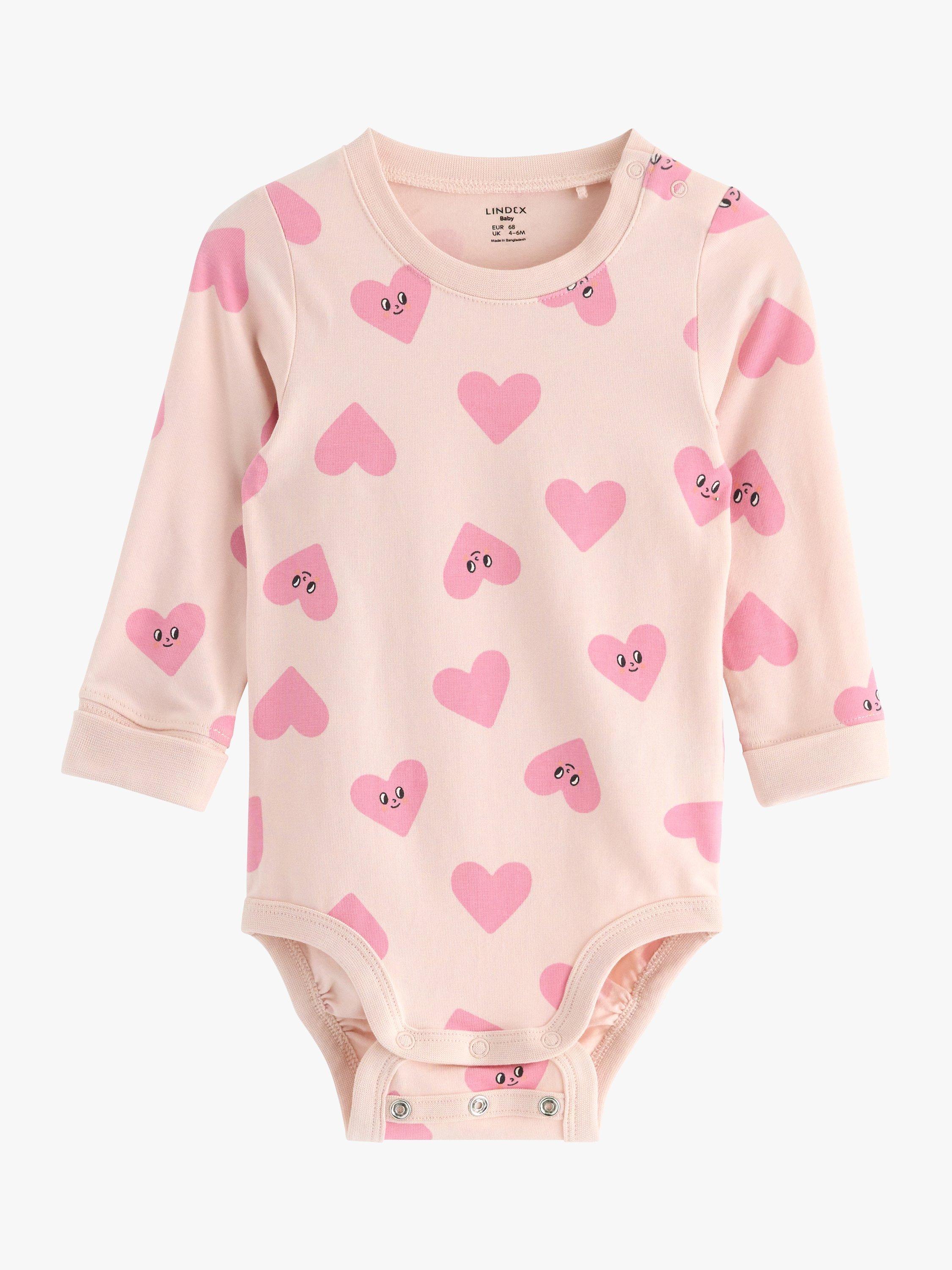Product image 1 of 3, which shows Lindex Baby Organic Cotton Blend Heart Print Bodysuit, Light Pink, 4-6 months