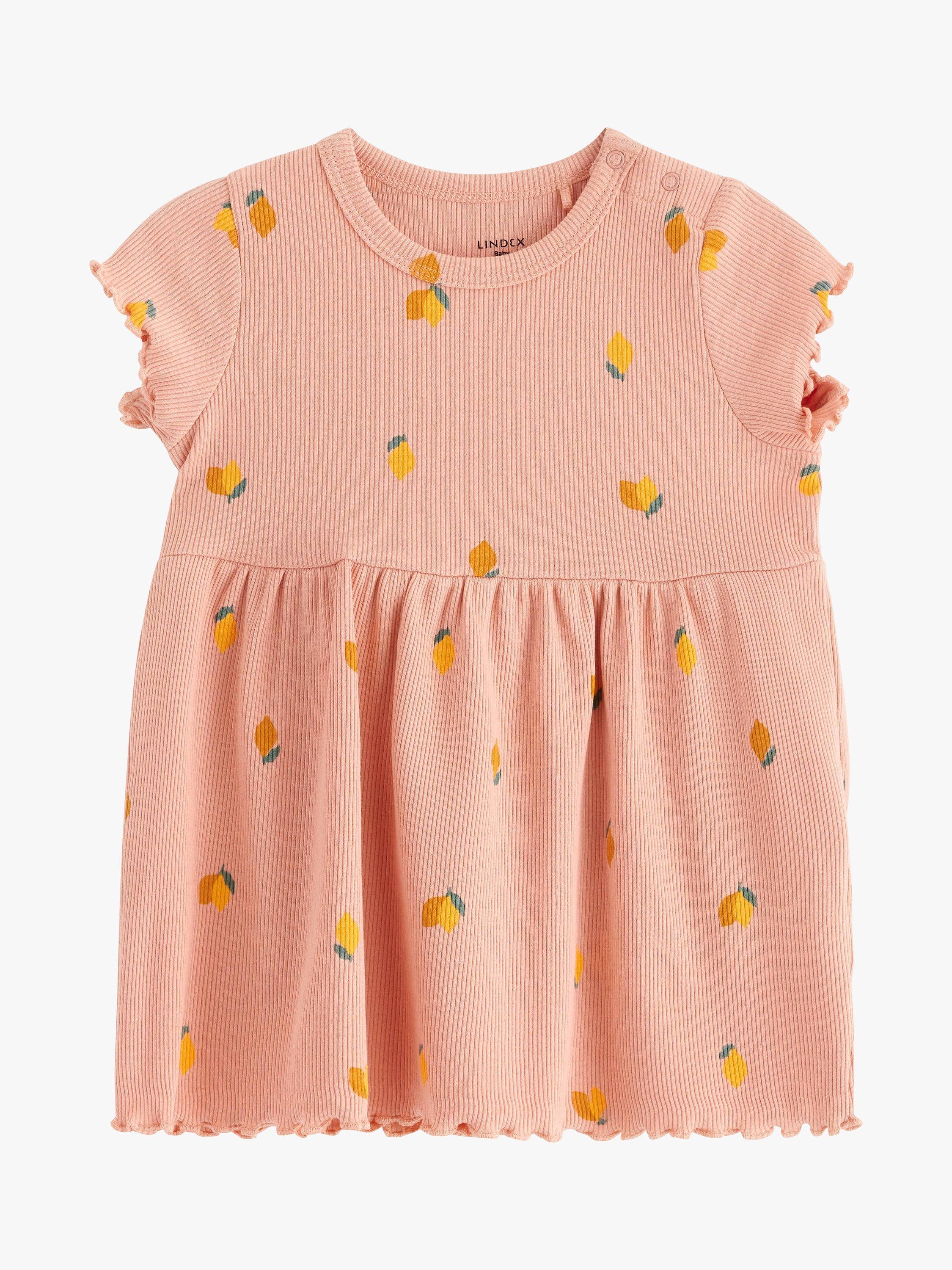 Product image 1 of 3, which shows Lindex Baby Organic Cotton Blend Lemon Print Dress, Light Dusty Pink, 10-12 months
