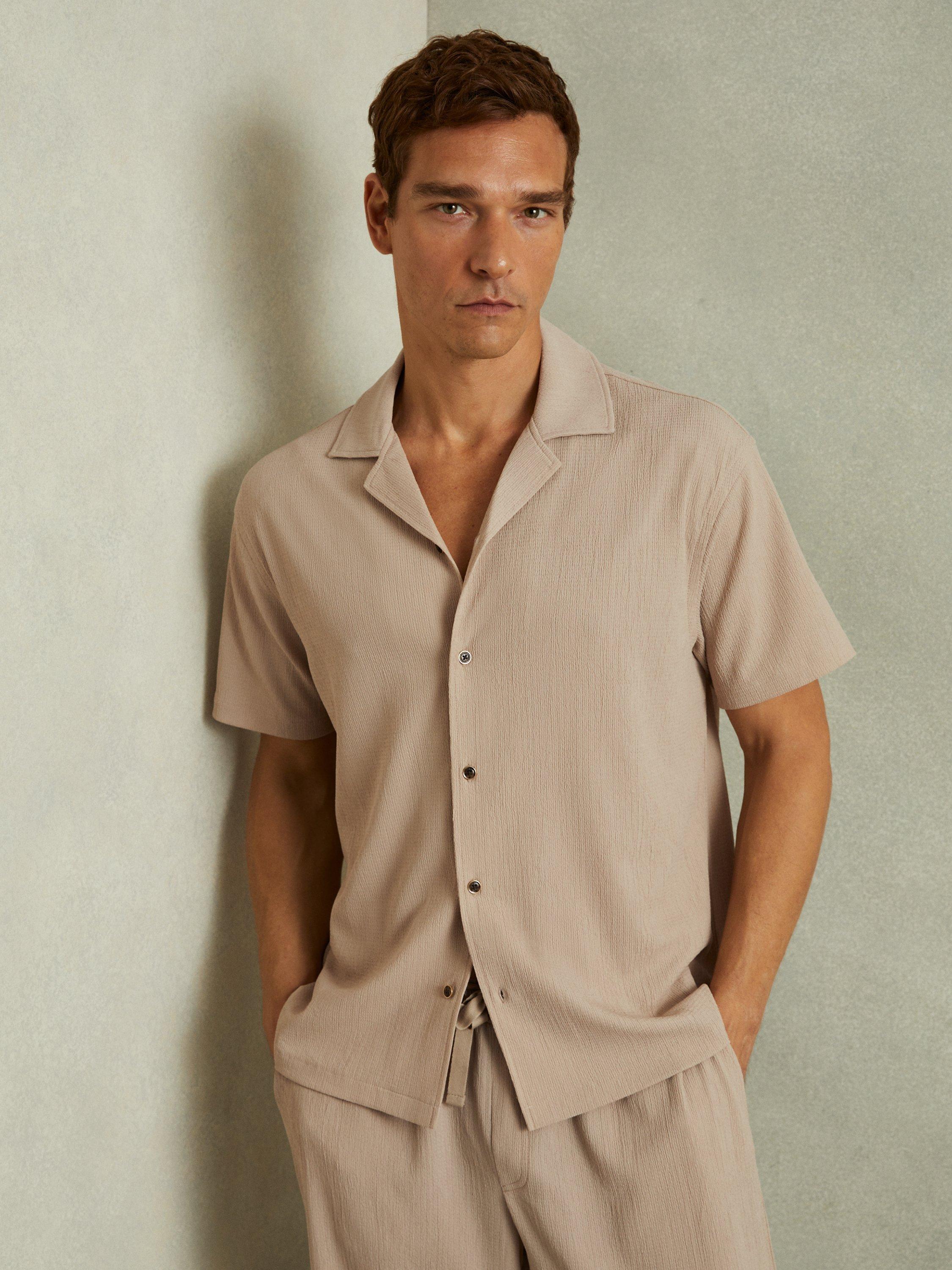 Product image 1 of 5, which shows Reiss Hunt Short Sleeve Textured Cuban Shirt, Oatmeal, XS