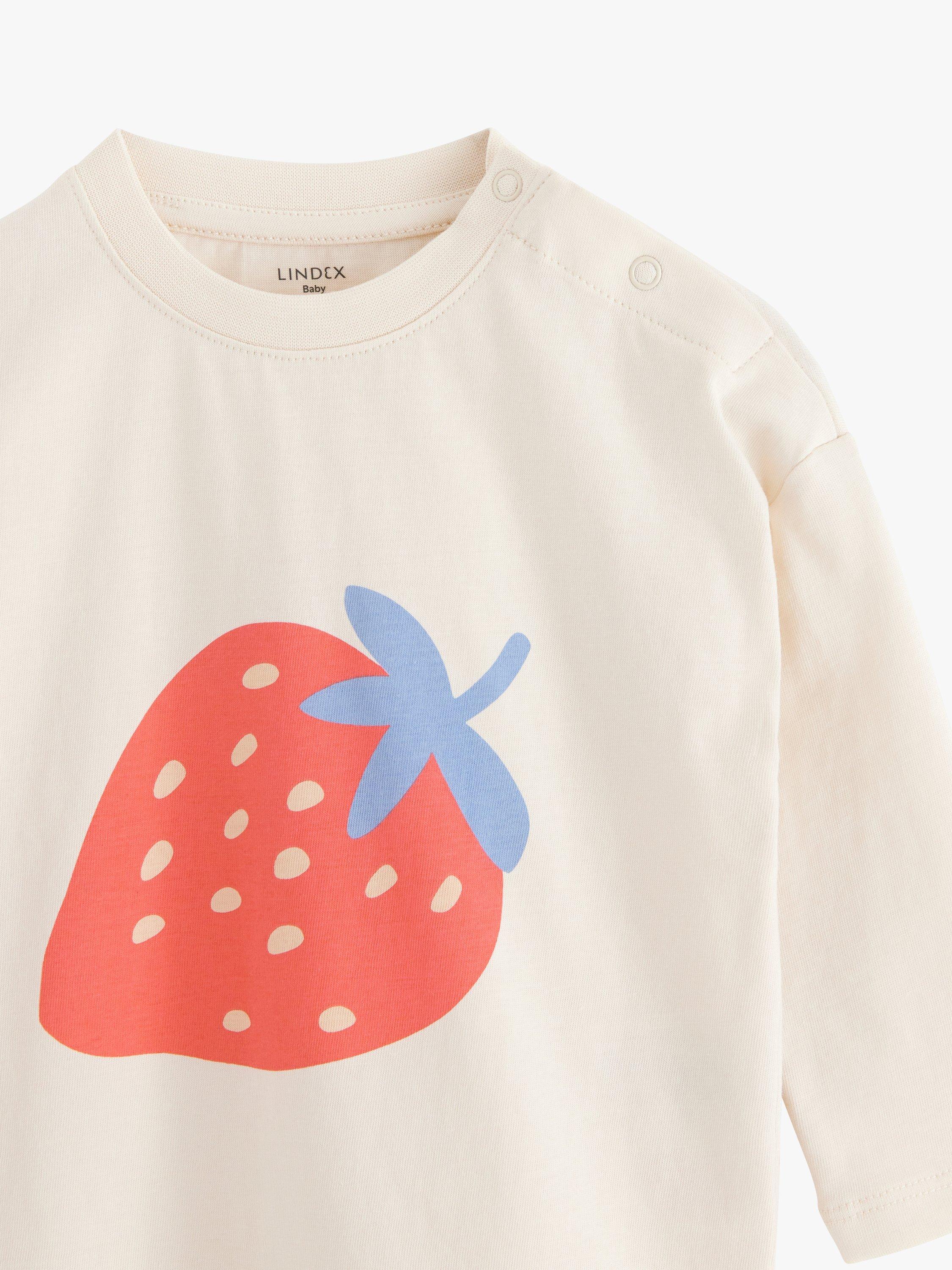 Product image 3 of 3, which shows Lindex Baby Strawberry Print Organic Cotton Top, Light Beige, 4-6 months