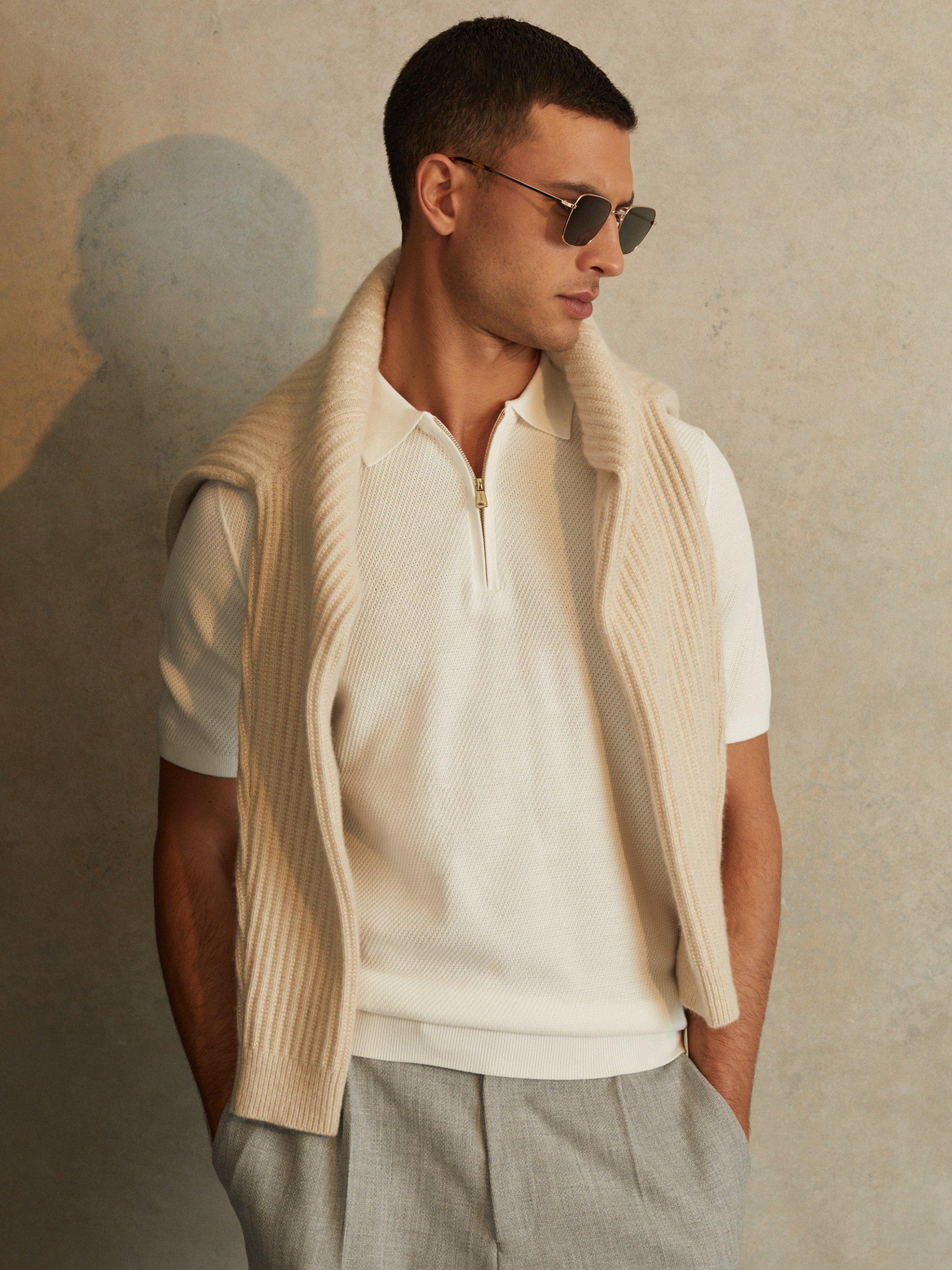 Reiss Ivor Textured Half-Zip Polo Shirt, White