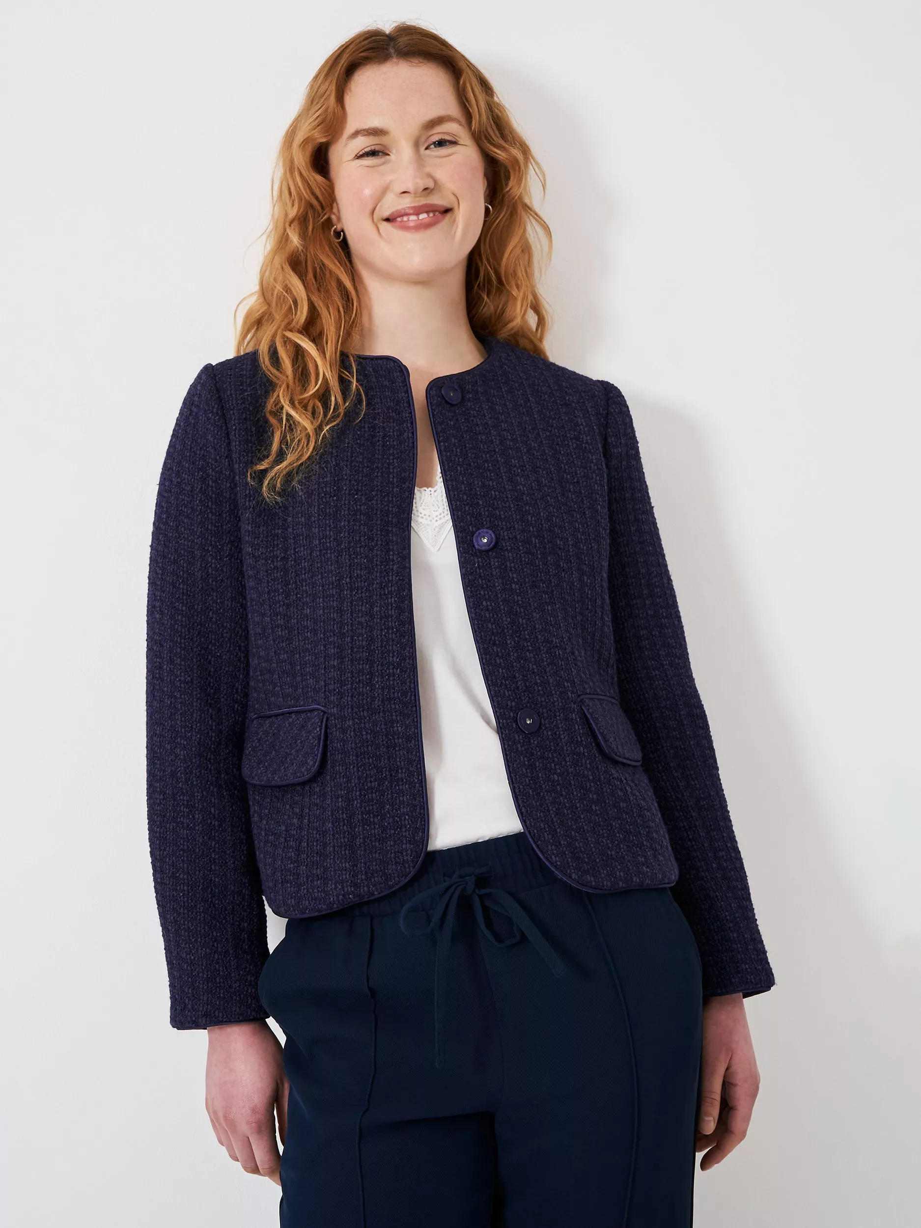 Crew Clothing Textured Wool Blend Collarless Jacket, Navy Blue