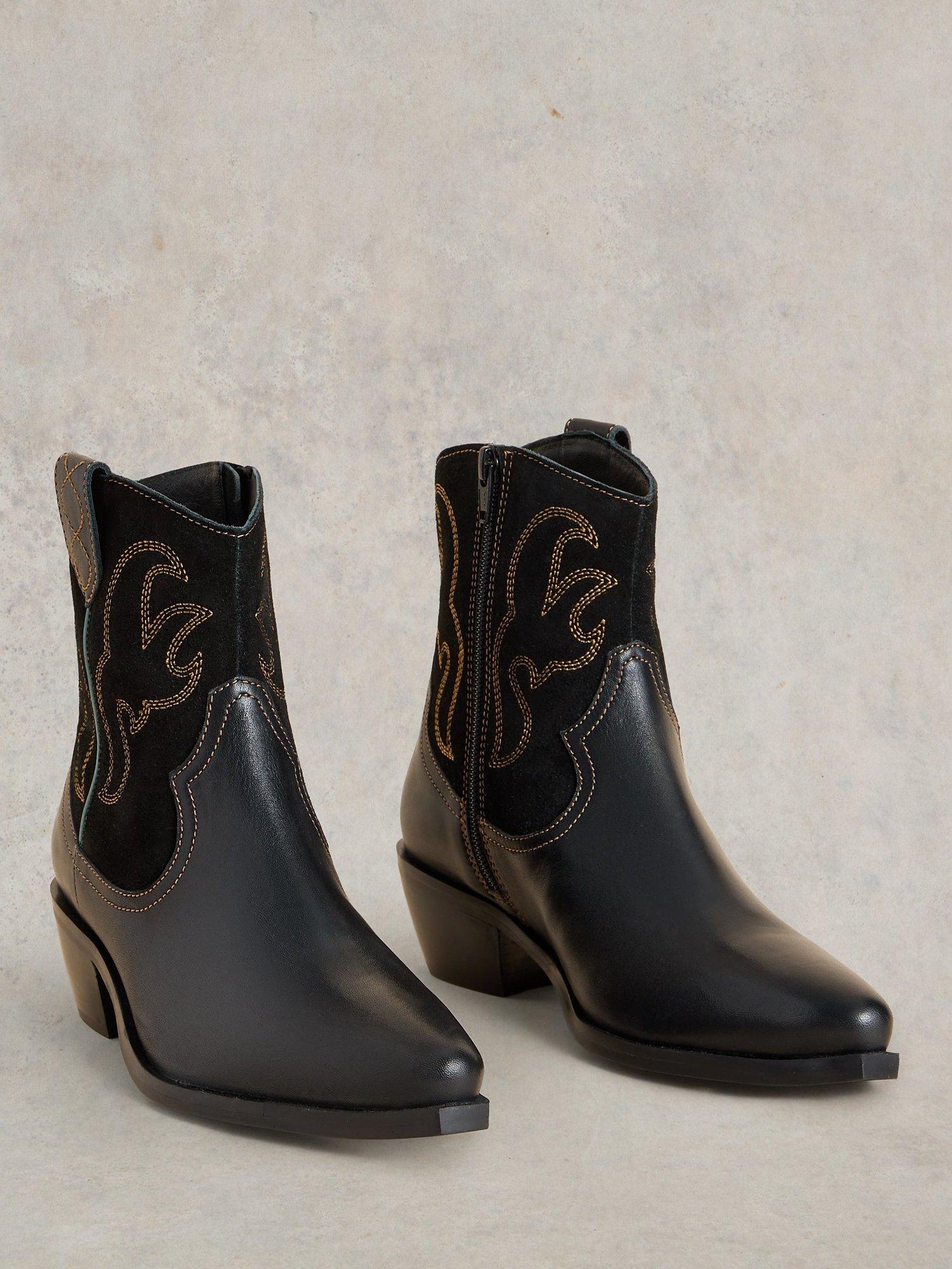 White Stuff Beau Suede and Leather Western Ankle Boots Black