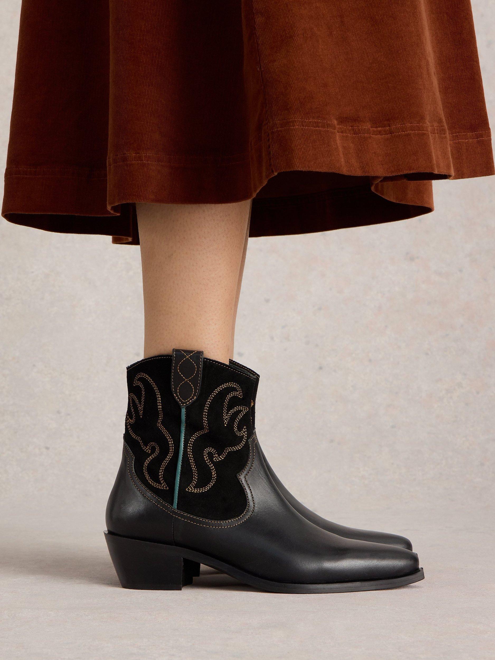 Product image 5 of 5, which shows White Stuff Beau Suede and Leather Western Ankle Boots, Black, 3