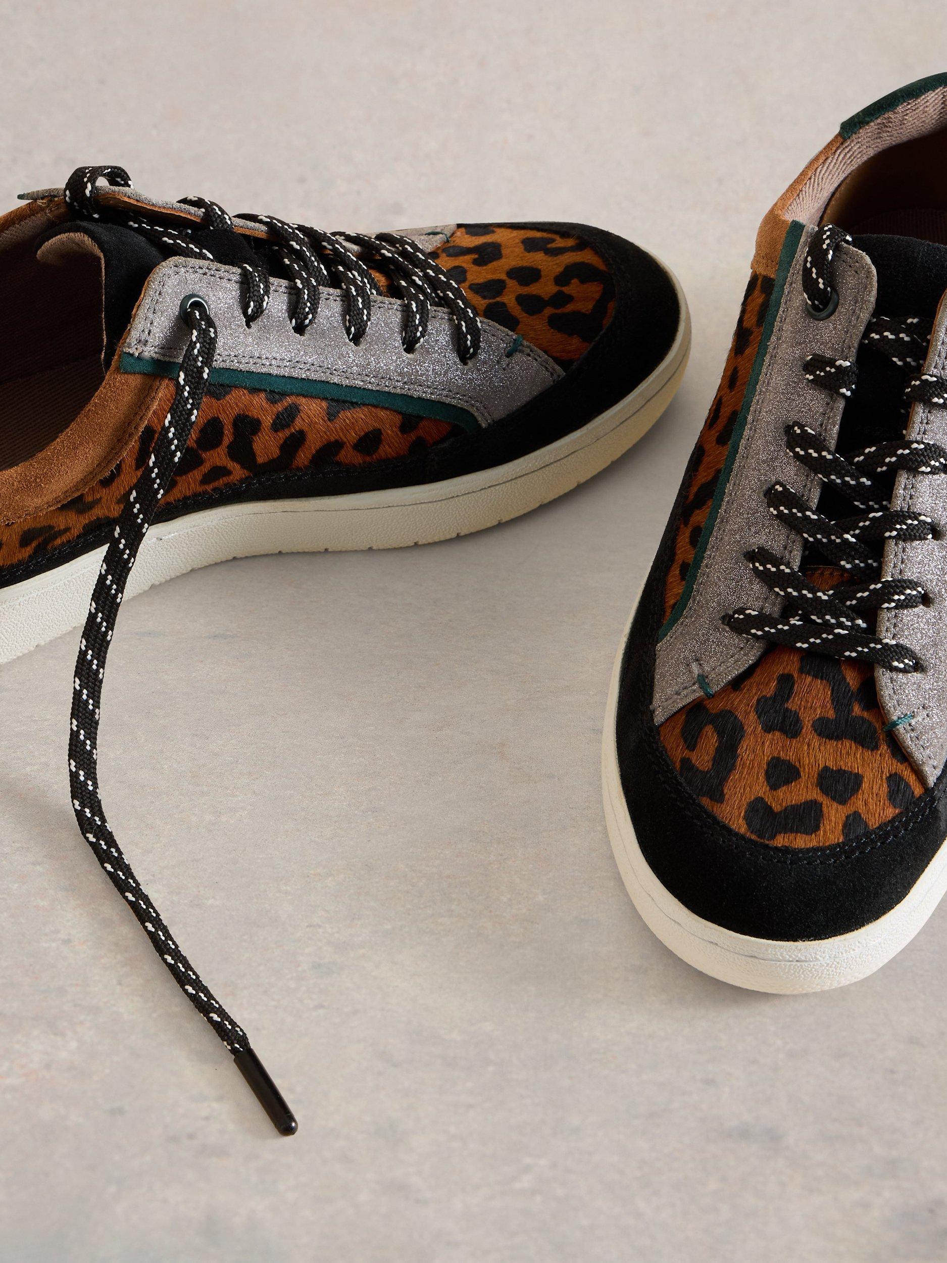 Product image 2 of 4, which shows White Stuff Della Leather Leopard Trainers, Brown/Multi, 8
