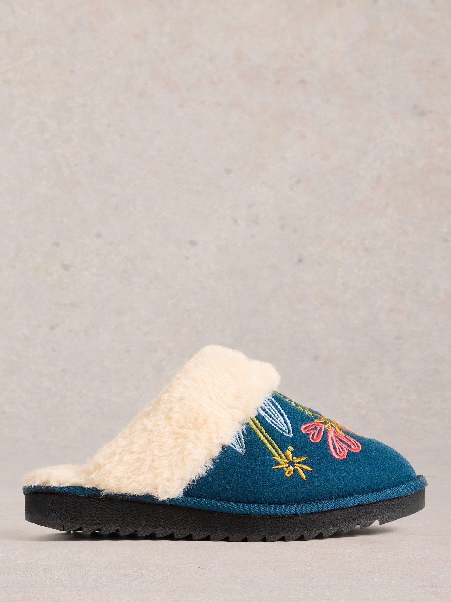 Product image 1 of 4, which shows White Stuff Floral Mule Slippers, Teal/Multi, L