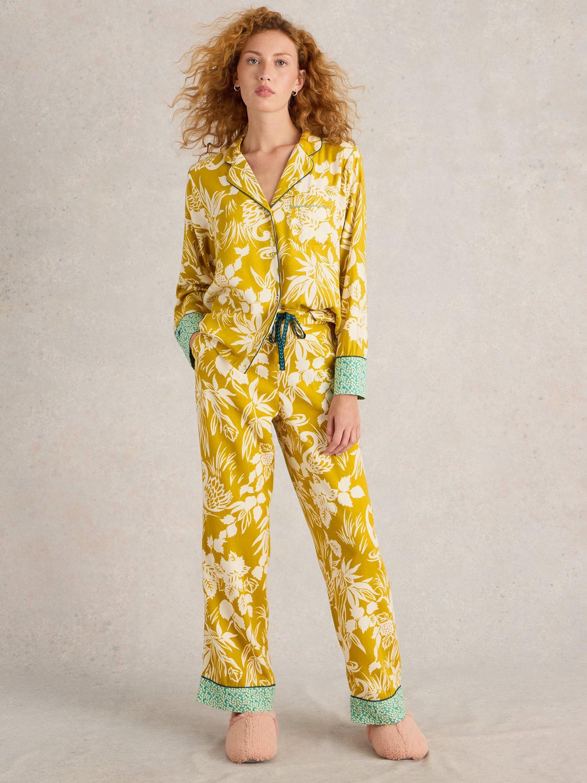 White Stuff Nina Print Organic Cotton Blend Pyjama Bottoms, Yellow/Multi