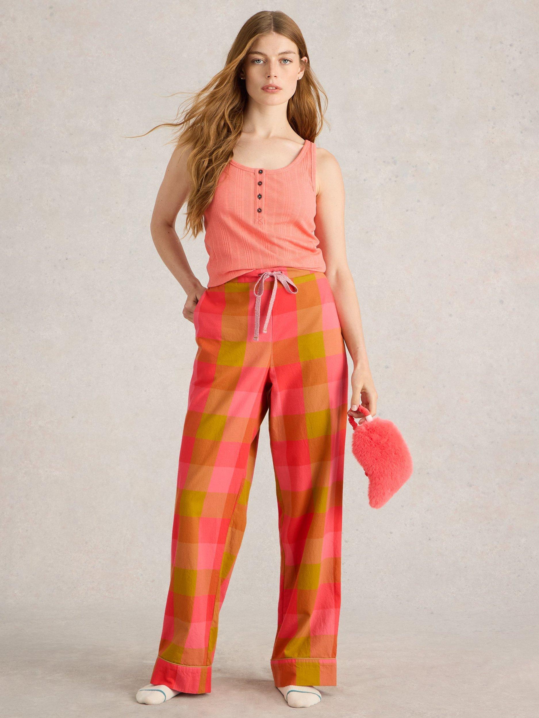 White Stuff Nina Check Organic Cotton Pyjama Bottoms, Pink/Multi