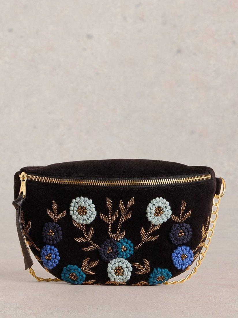White Stuff Leather Floral Embroidered Mini Crossbody Bag, Black/Multi