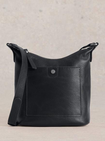 White Stuff Mini Fern Leather Crossbody Bag, Pure Black, Dark Navy