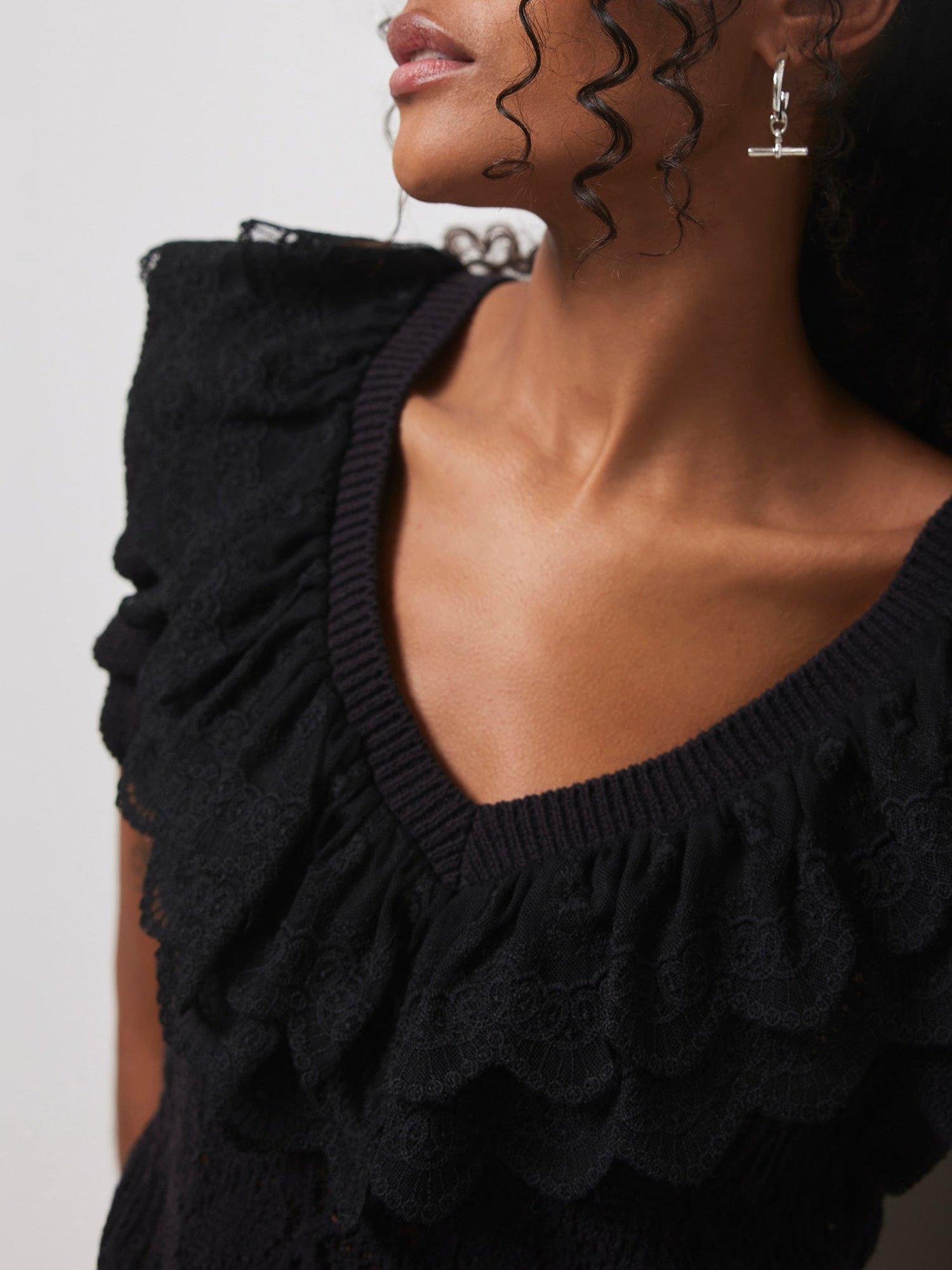 Mint Velvet Ruffle Knit Top, Black, M