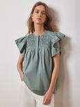 Mint Velvet Smocked Cotton Top, Duck Egg