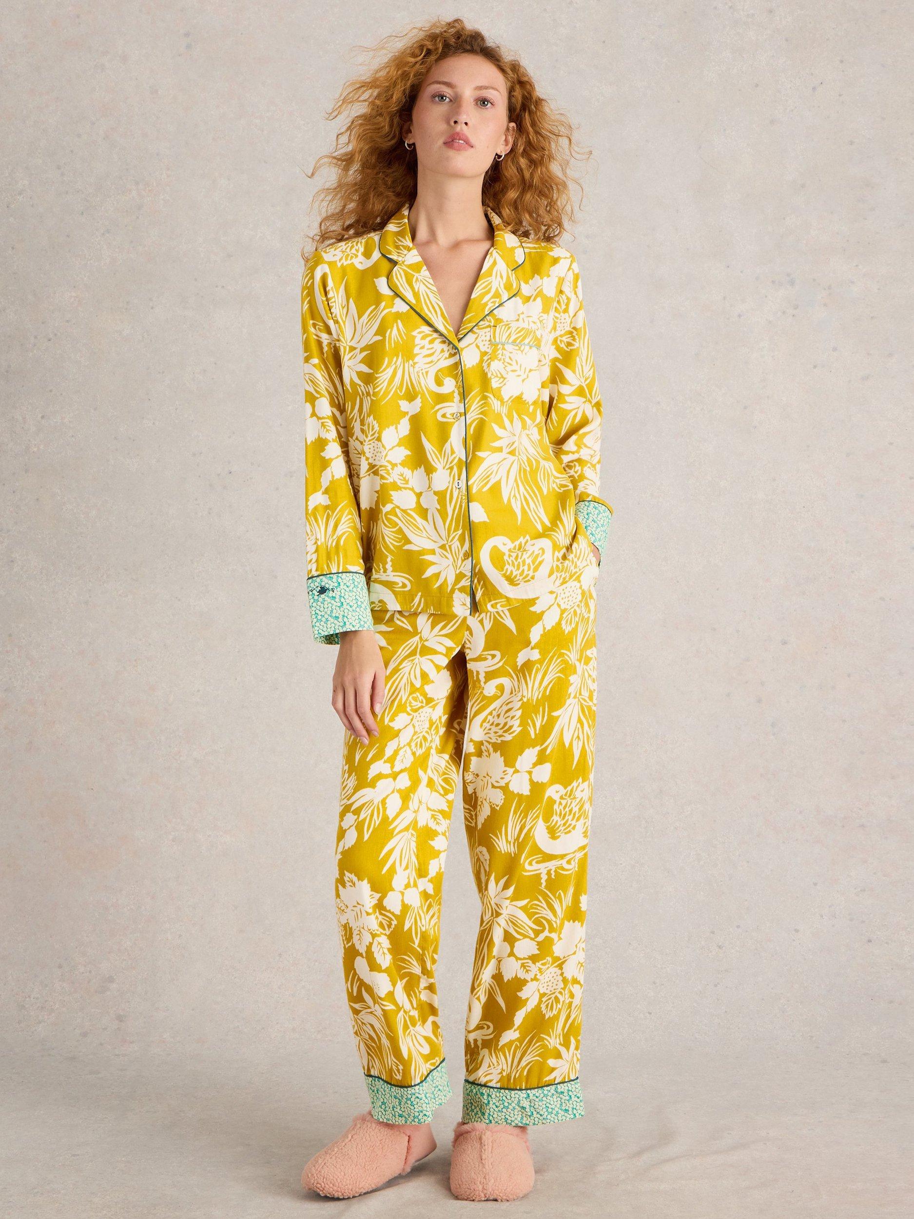 White Stuff Nina Print Organic Cotton Blend Pyjama Shirt, Yellow/Multi