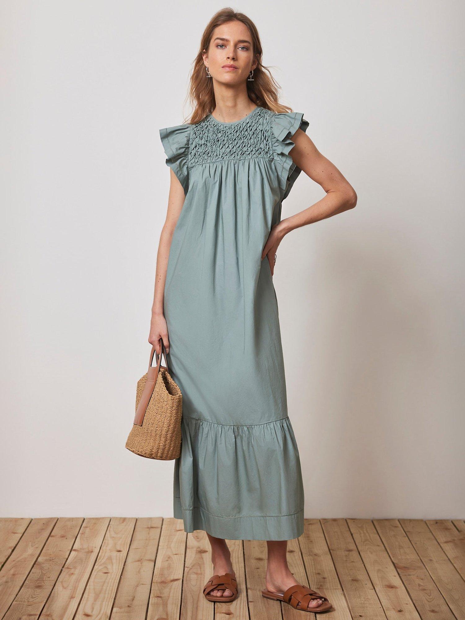 Mint Velvet Smocked Cotton Maxi Dress Duck Egg