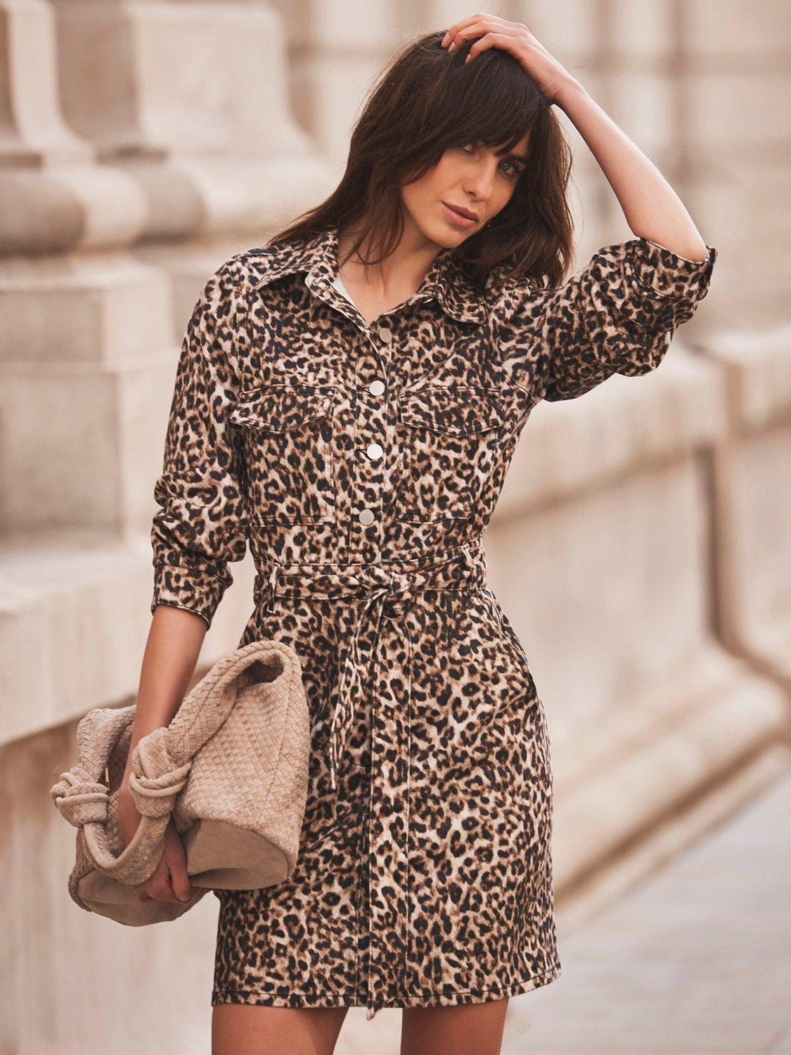 Mint Velvet Leopard Print Denim Mini Shirt Dress Brown