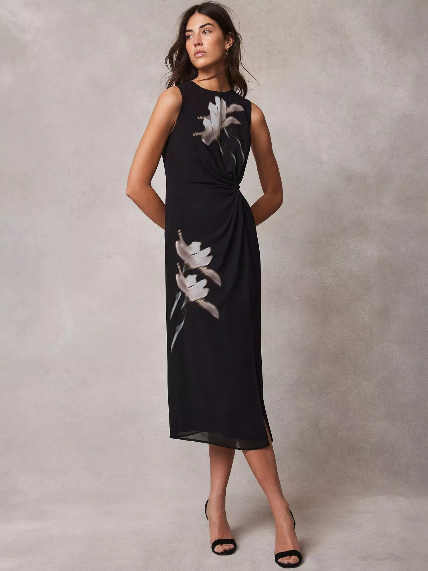 Mint Velvet Floral Print Midi Dress Black