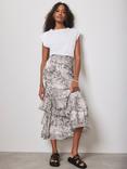 Mint Velvet Snake Print Tiered Ruffle Midi Skirt, Cream/Black