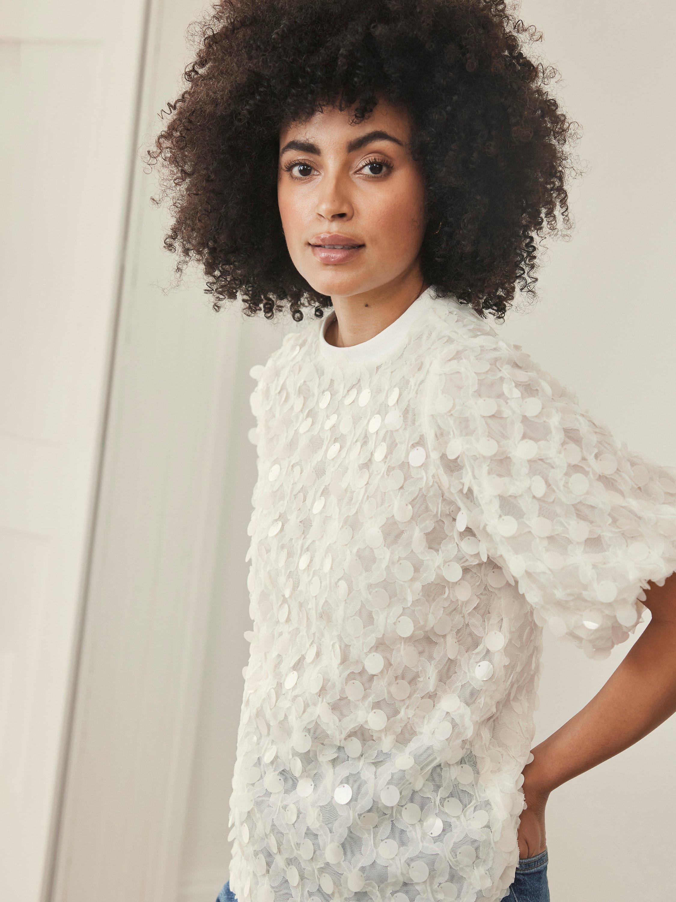 Mint Velvet Sequin Mesh T-Shirt, Cream