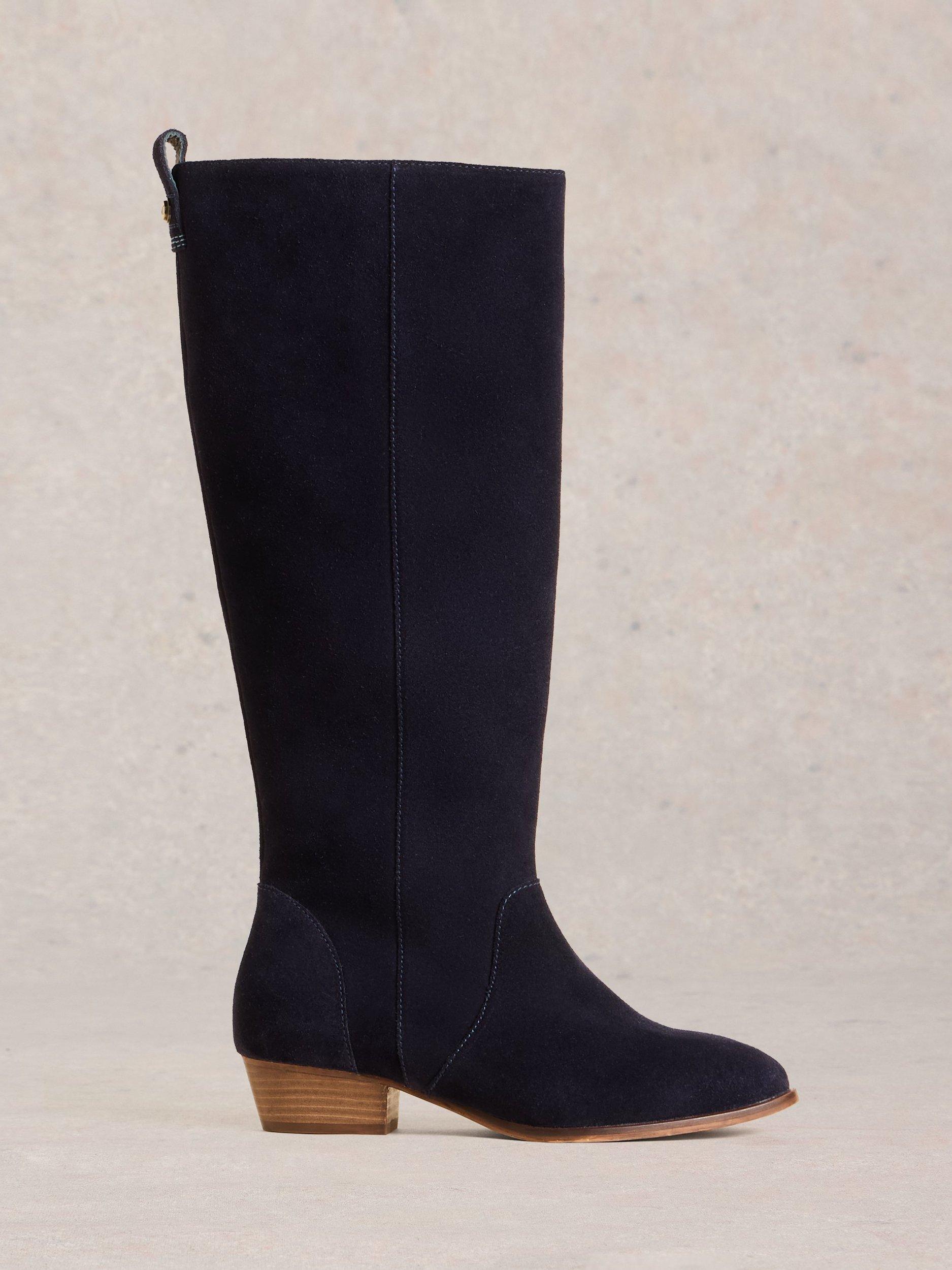 White Stuff Wide Fit Suede High Knee Boots, Dark Navy