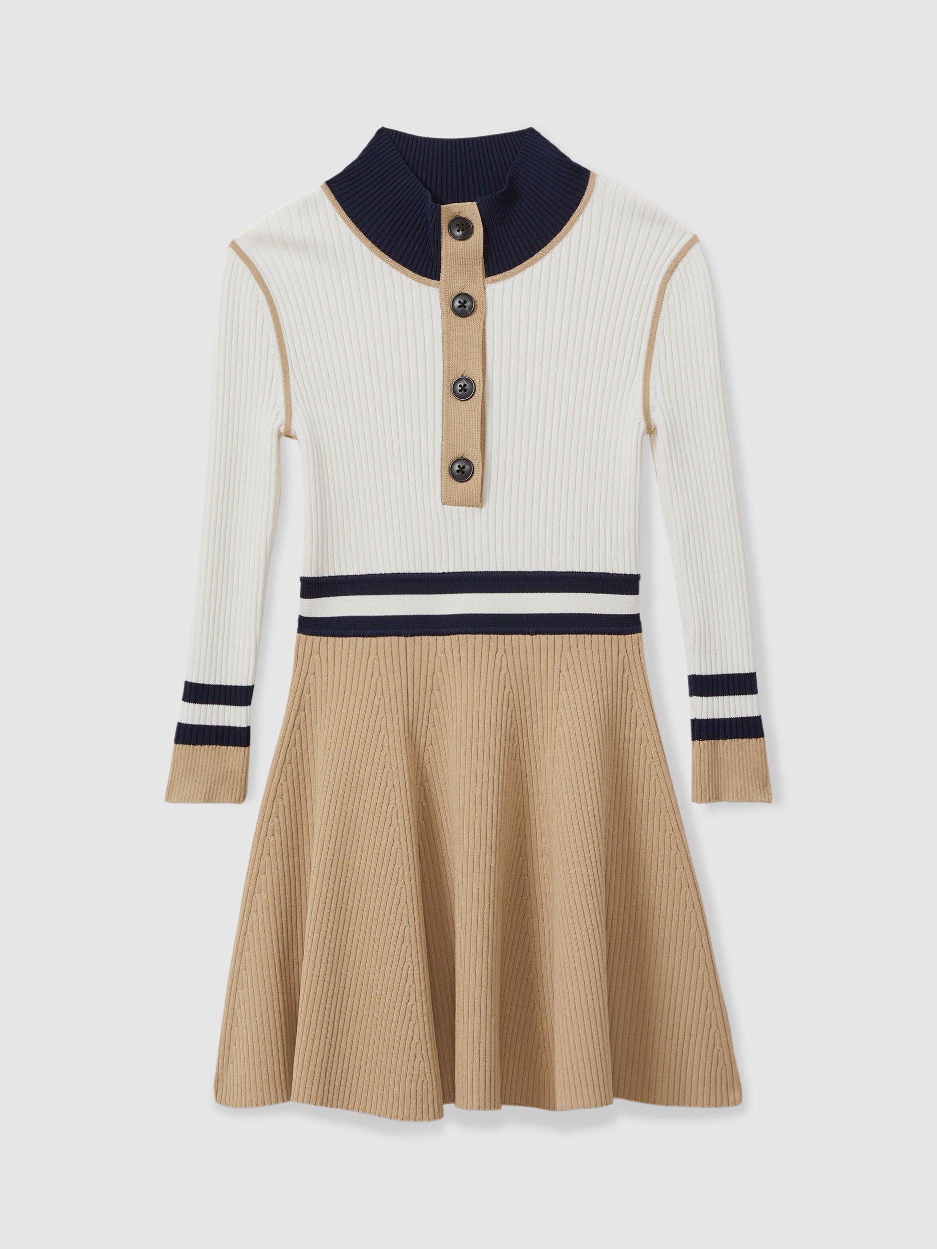Reiss Kids' Vera Button Funnel Neck Knitted Dress, Camel
