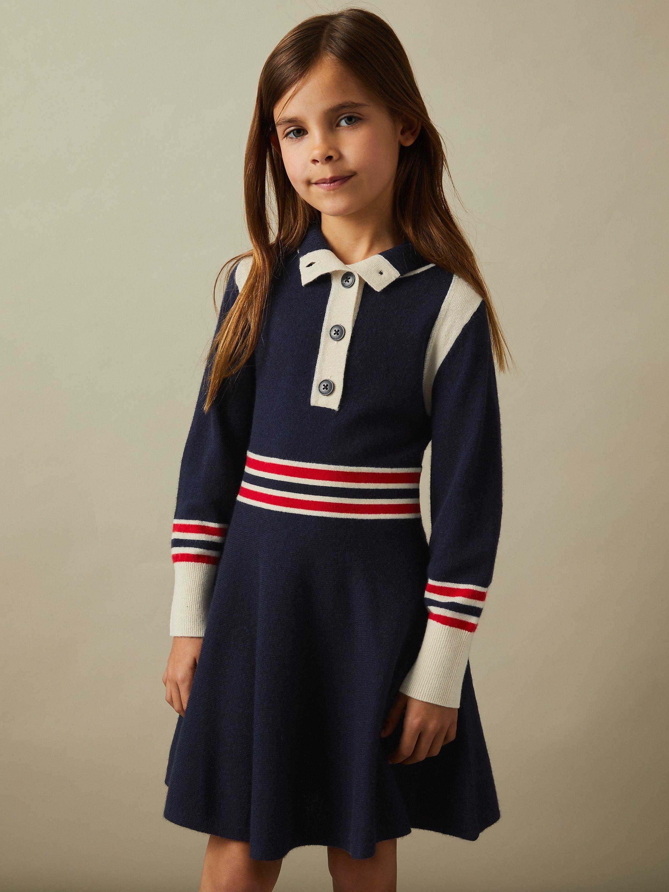 Product image 1 of 4, which shows Reiss Kids' Vienne Flared Jumper Dress, Navy, 4-5 years