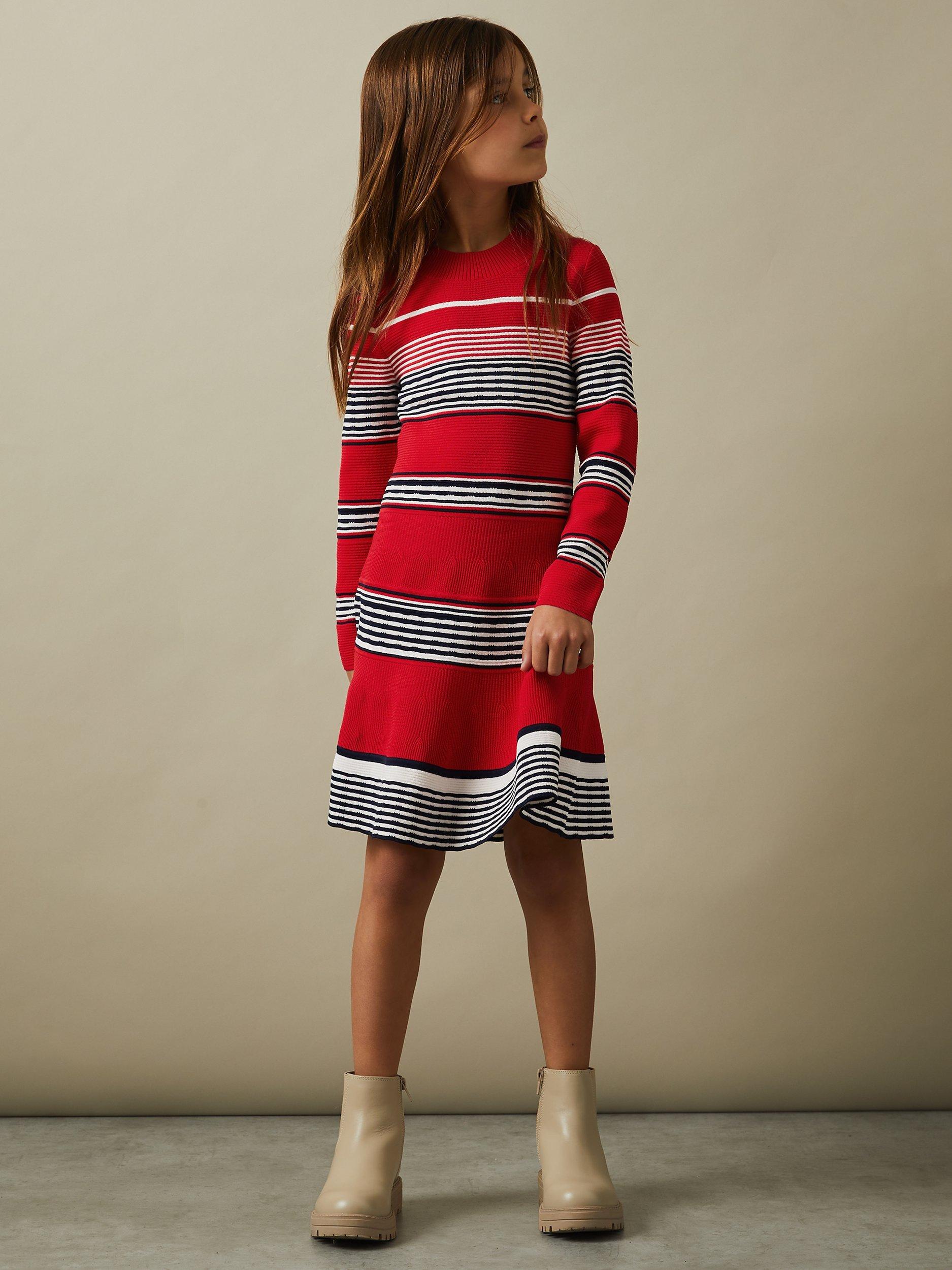 Reiss Kids' Remi Stripe Flared Dress, Red