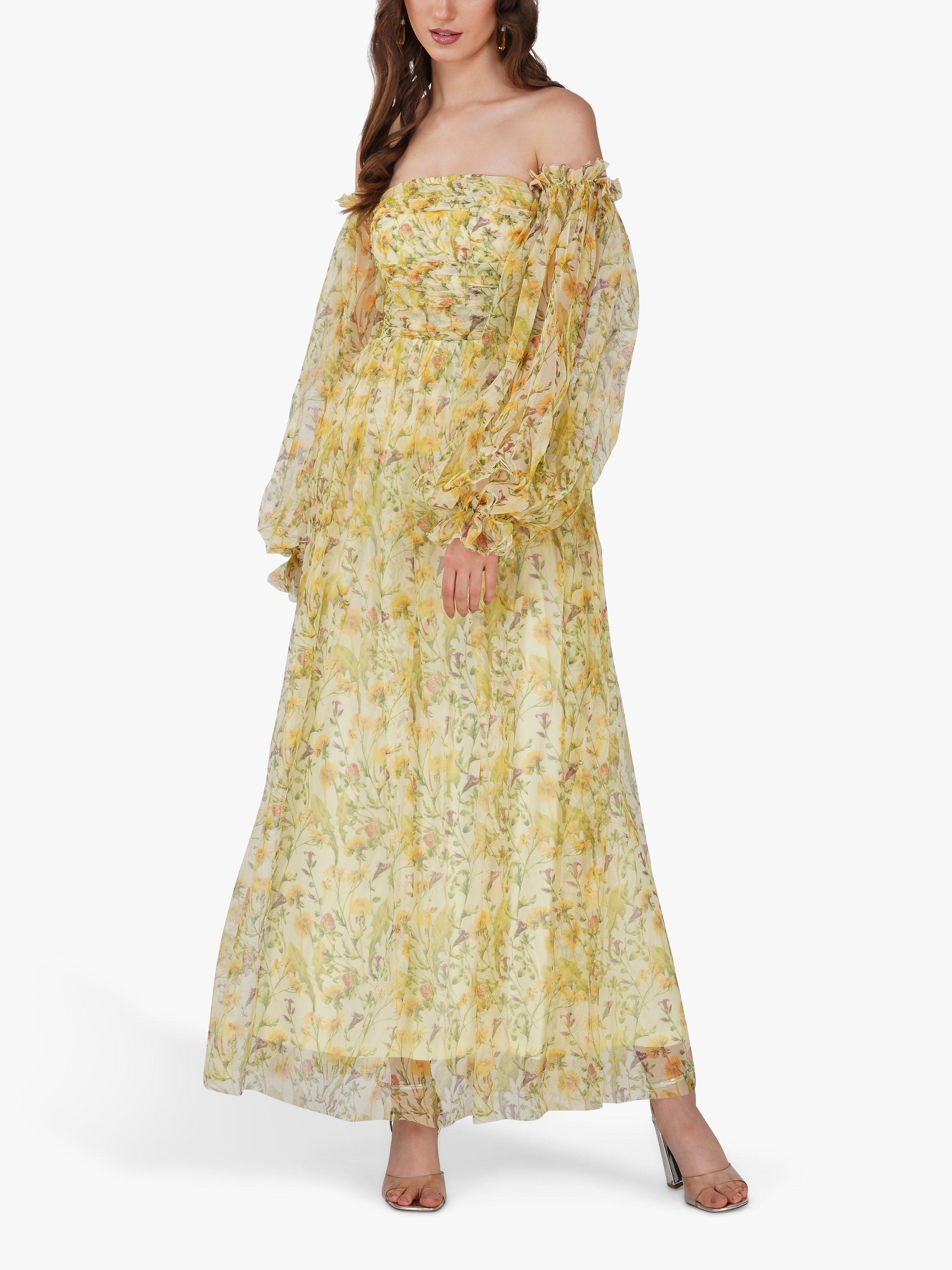 Lace & Beads Lana Tulle Floral Maxi Dress, Yellow/Multi, 8