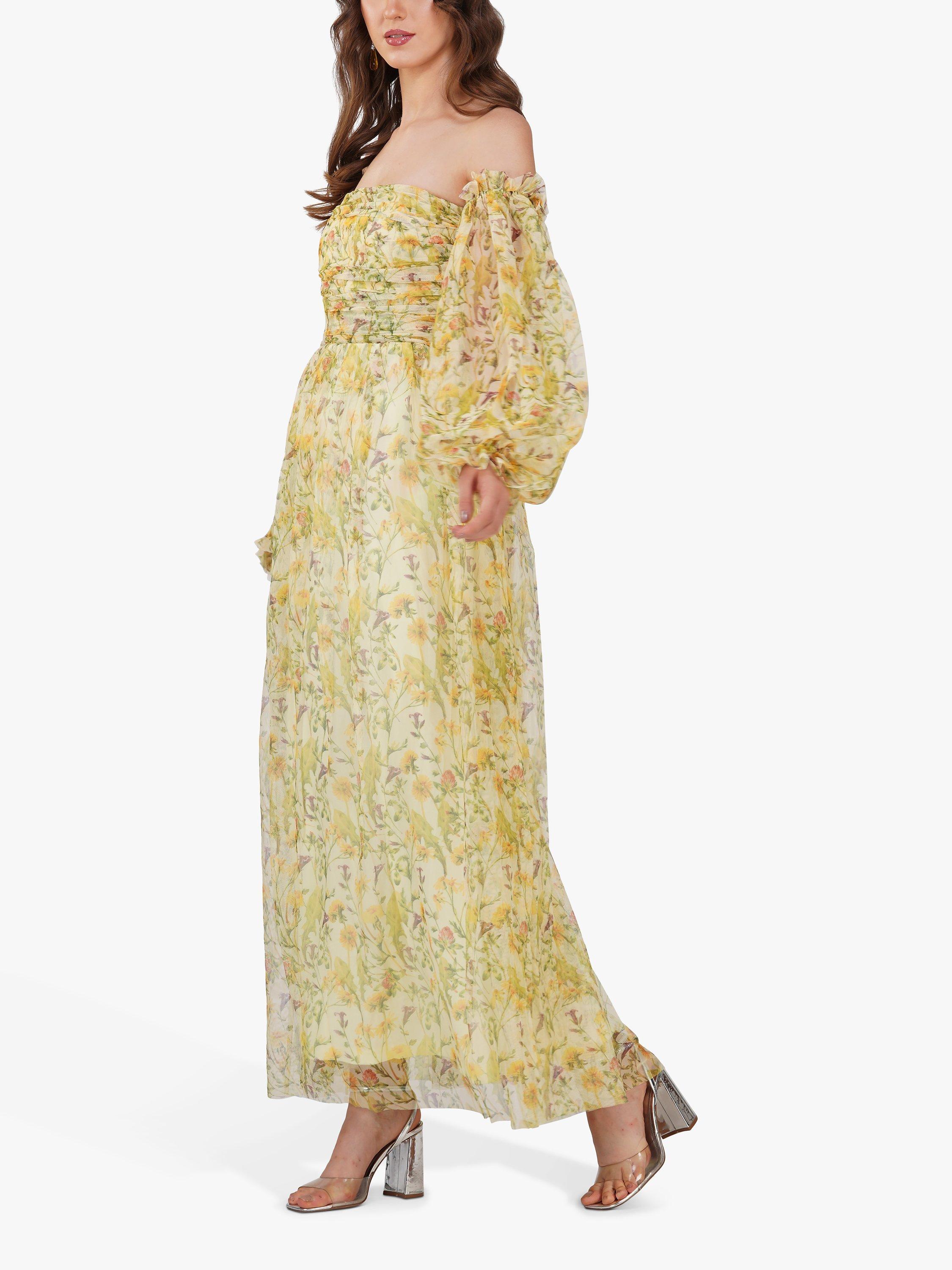 Lace & Beads Lana Tulle Floral Maxi Dress, Yellow/Multi, 8