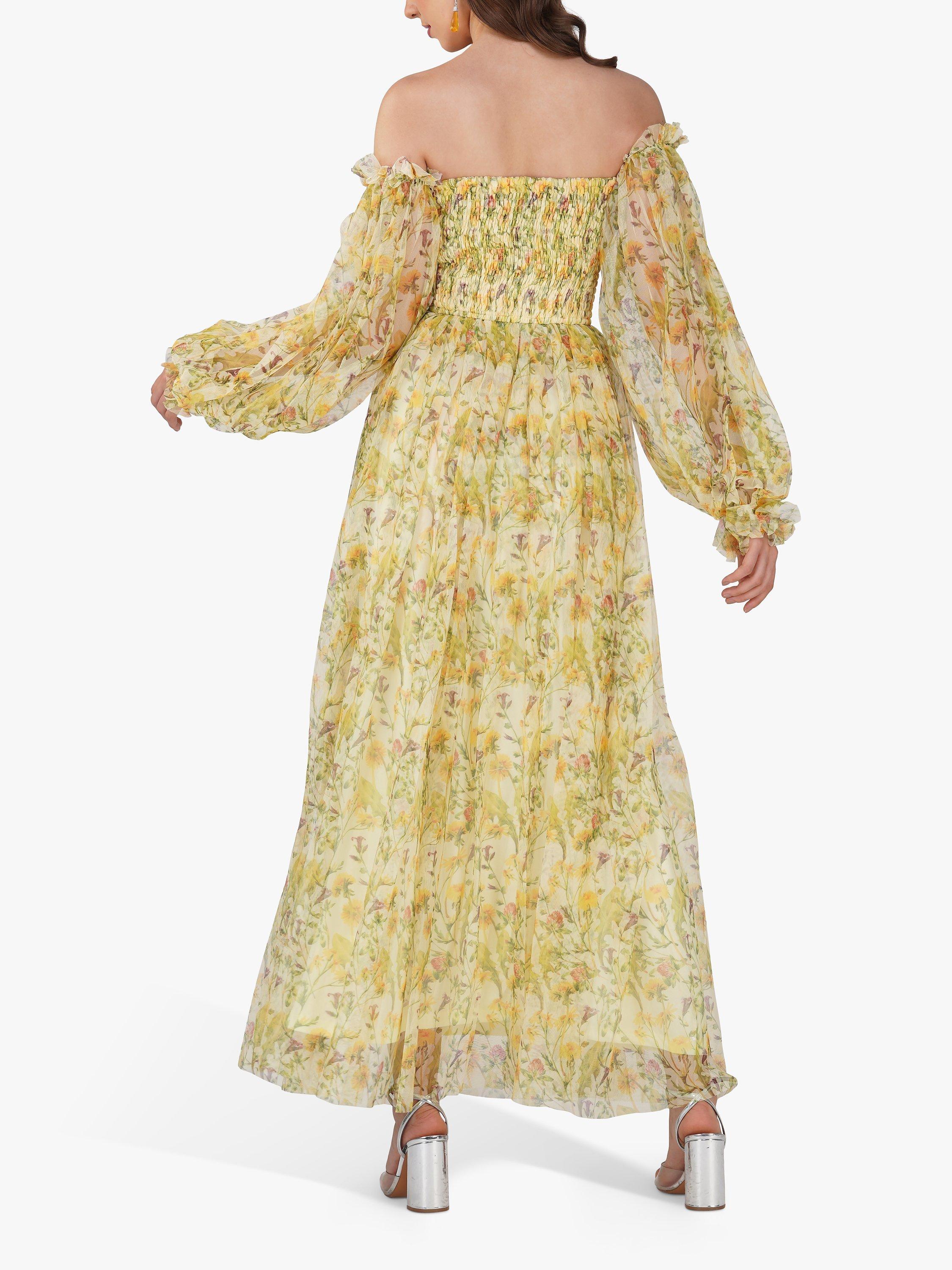 Lace & Beads Lana Tulle Floral Maxi Dress, Yellow/Multi, 8