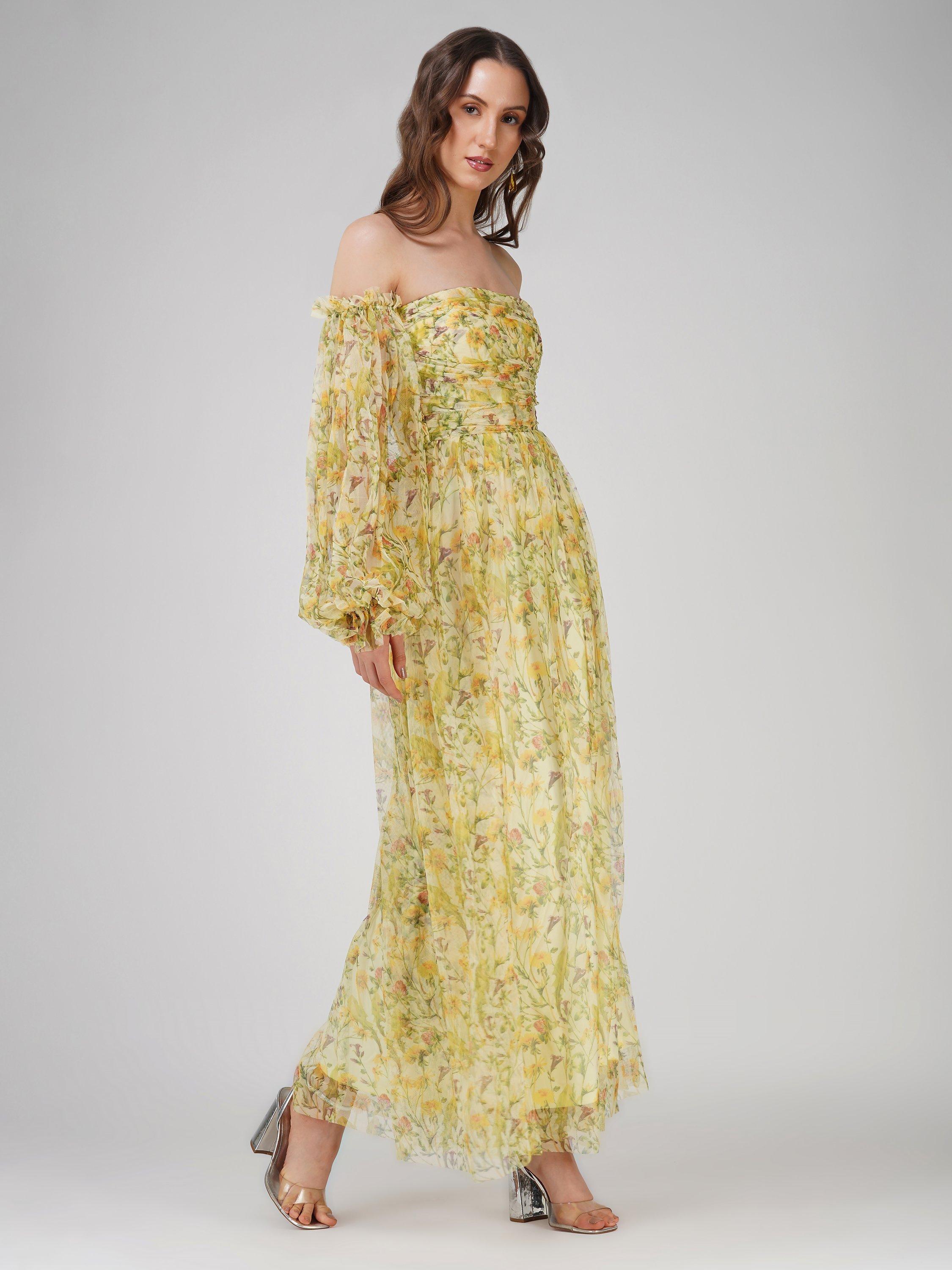 Lace & Beads Lana Tulle Floral Maxi Dress, Yellow/Multi, 8