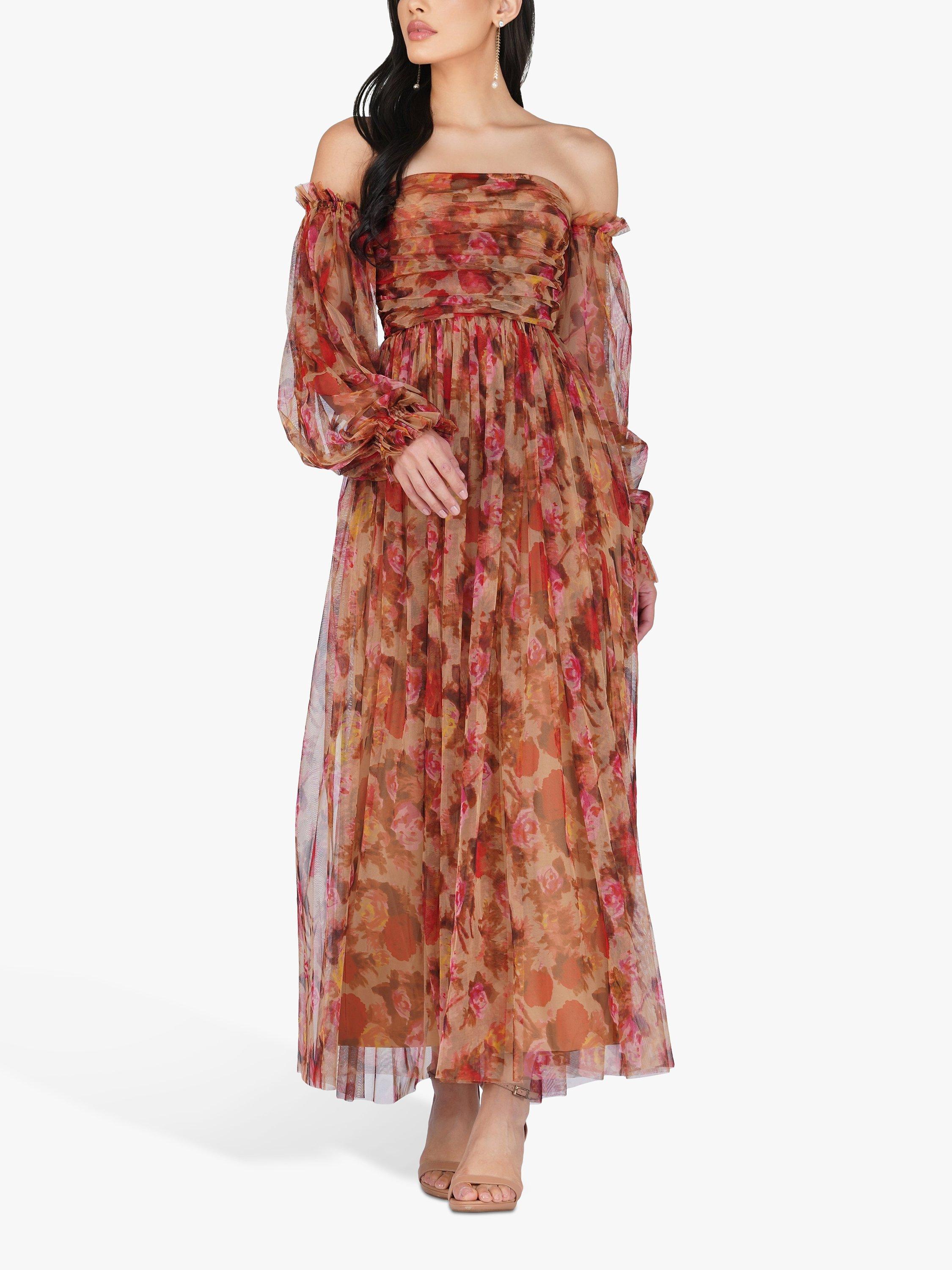 Lace & Beads Lana Tulle Floral Maxi Dress, Brown/Multi