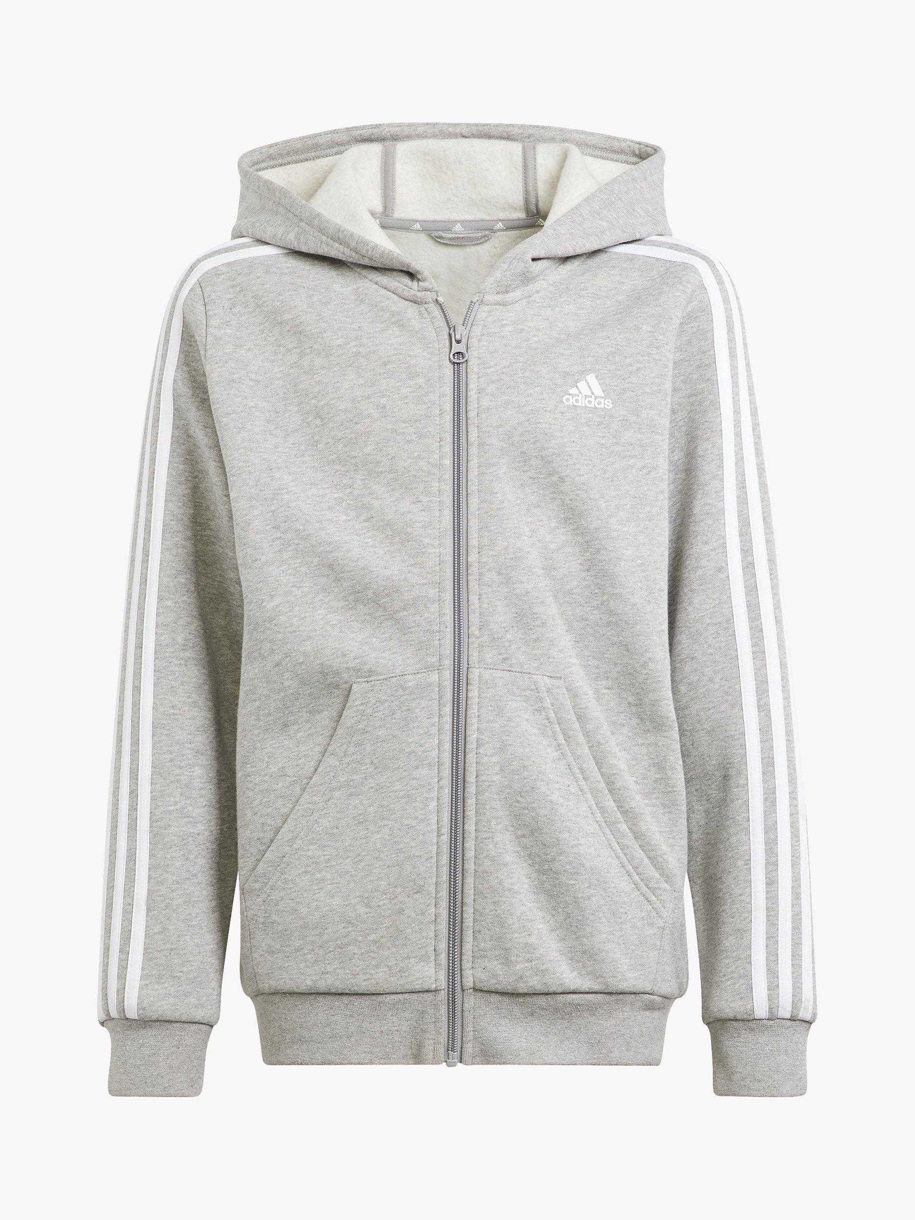 adidas Kids Essentials 3 Stripes Fleece Full Zip Hoodie Grey White