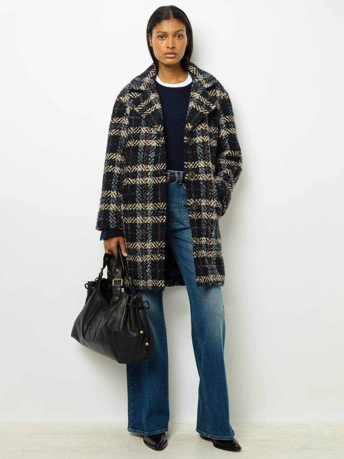 Gerard Darel Lucene Check Wool Bend Coat Navy Multi