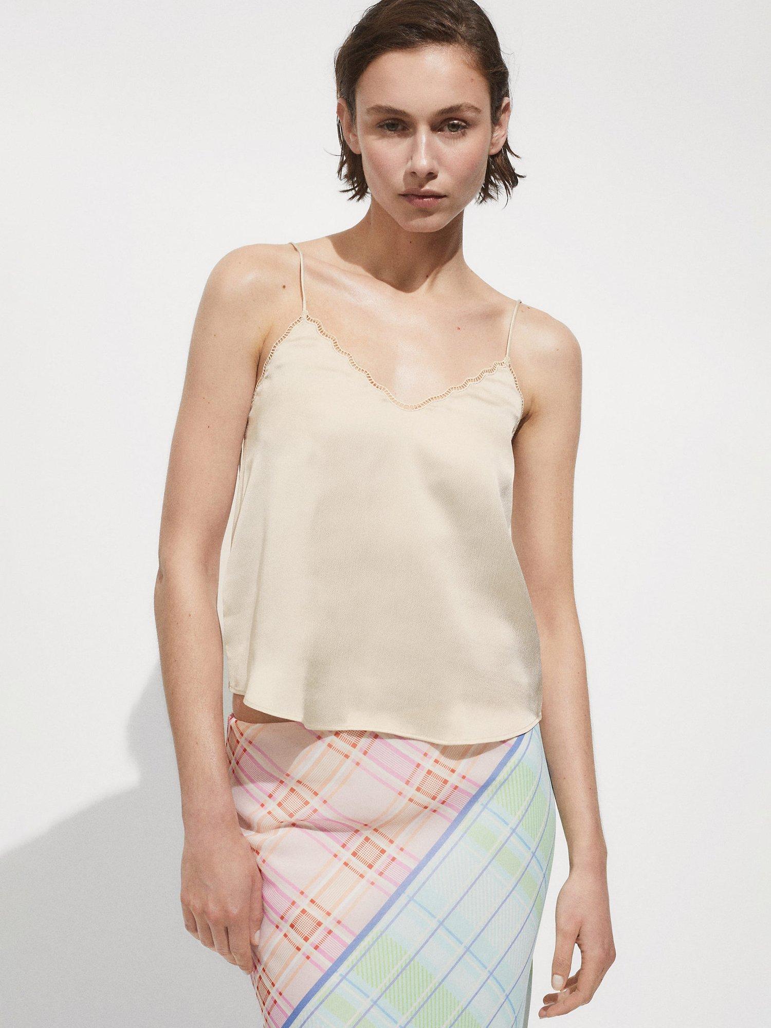 Mango Rachy Lace Trim Satin Top, White
