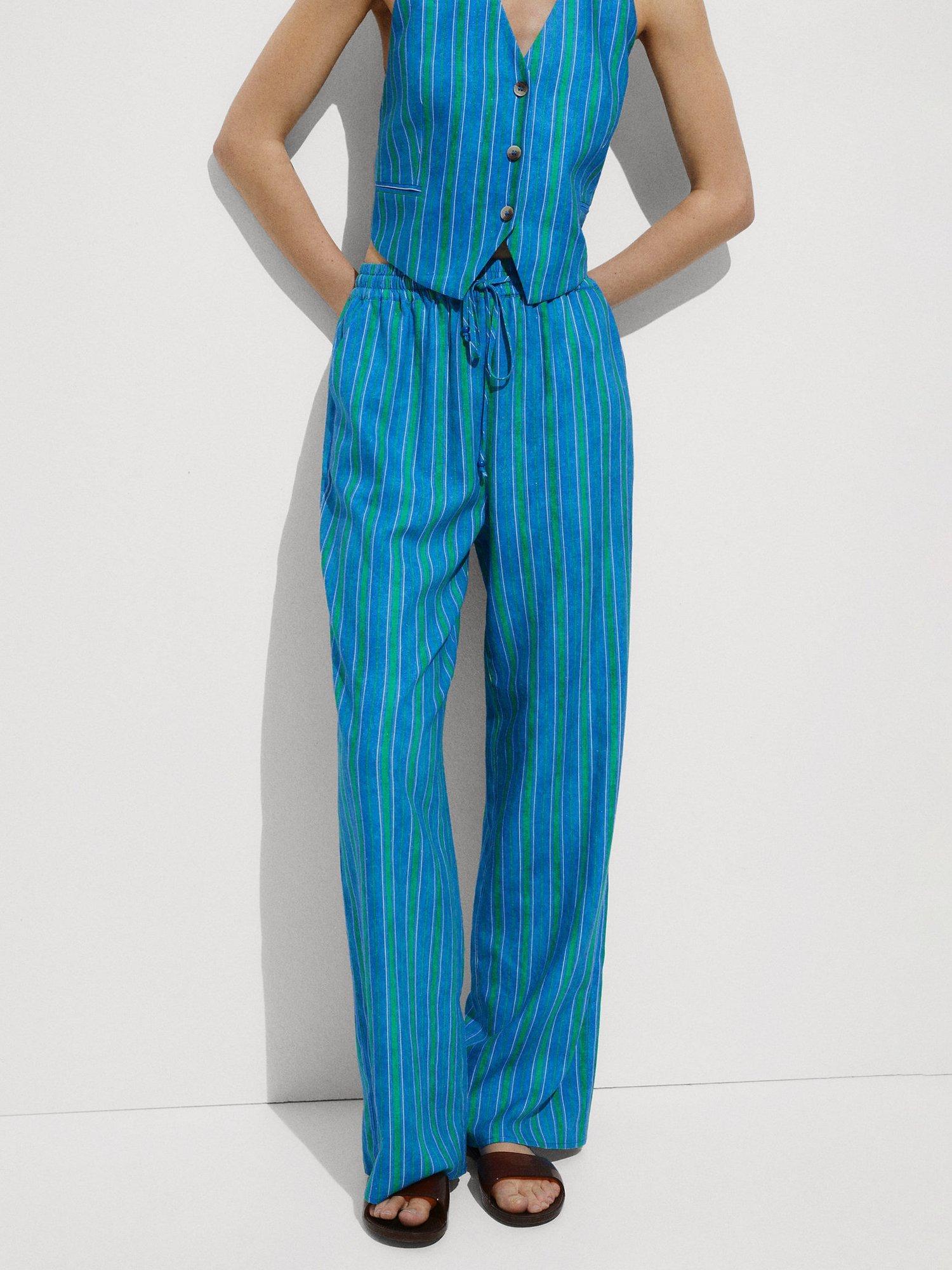 Mango Moraima Striped Linen Blend Trousers, Medium Blue