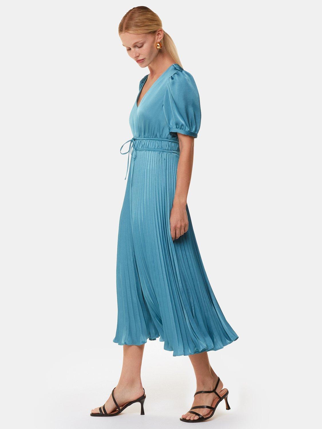 Product image 1 of 5, which shows Whistles Delilah Satin Pleated Dress, Blue, 6