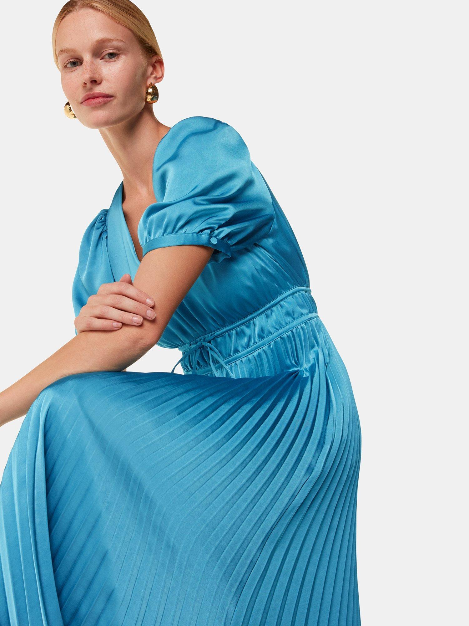 Product image 2 of 5, which shows Whistles Delilah Satin Pleated Dress, Blue, 6