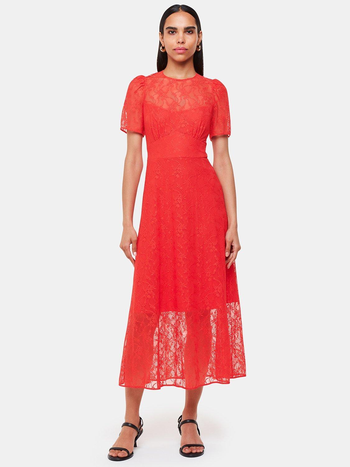 Whistles Fay Lace Midi Dress Coral