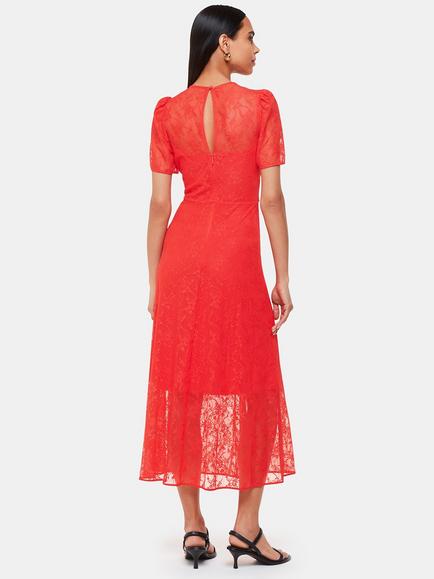 Whistles Fay Lace Midi Dress, Coral - view 2, Coral