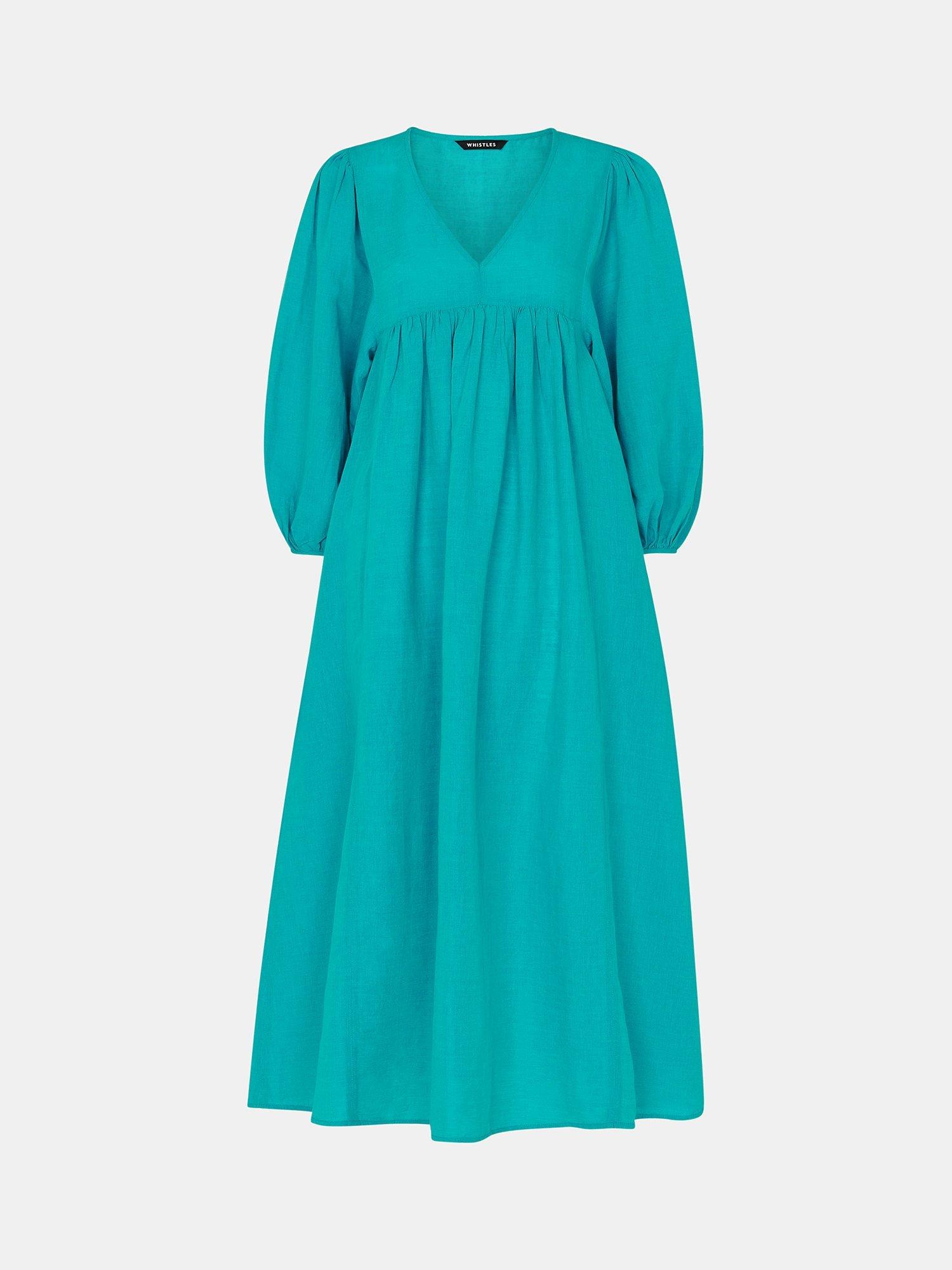 Product image 5 of 5, which shows Whistles Petite Gloria Linen Midi Dress, Turquoise, 10