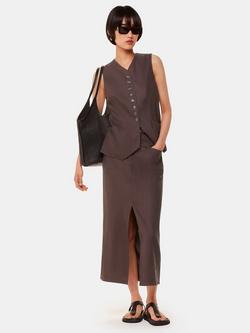 Whistles Mila Linen Blend Tab Detail Midi Skirt, Dark Grey, Dark Grey