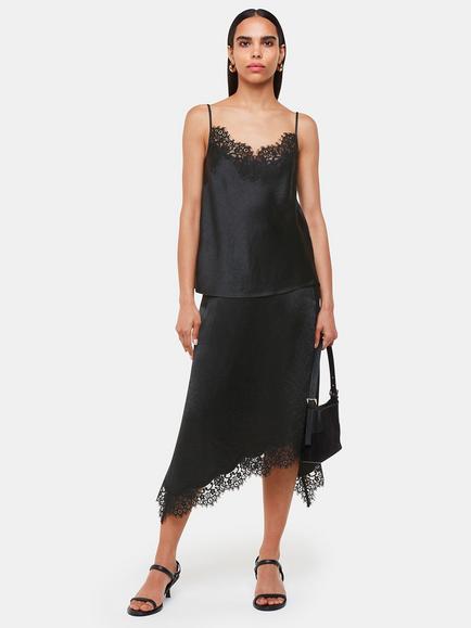 Whistles Satin Lace Trim Midi Skirt, Black, Black