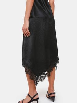 Whistles Satin Lace Trim Midi Skirt, Black - view 2, Black
